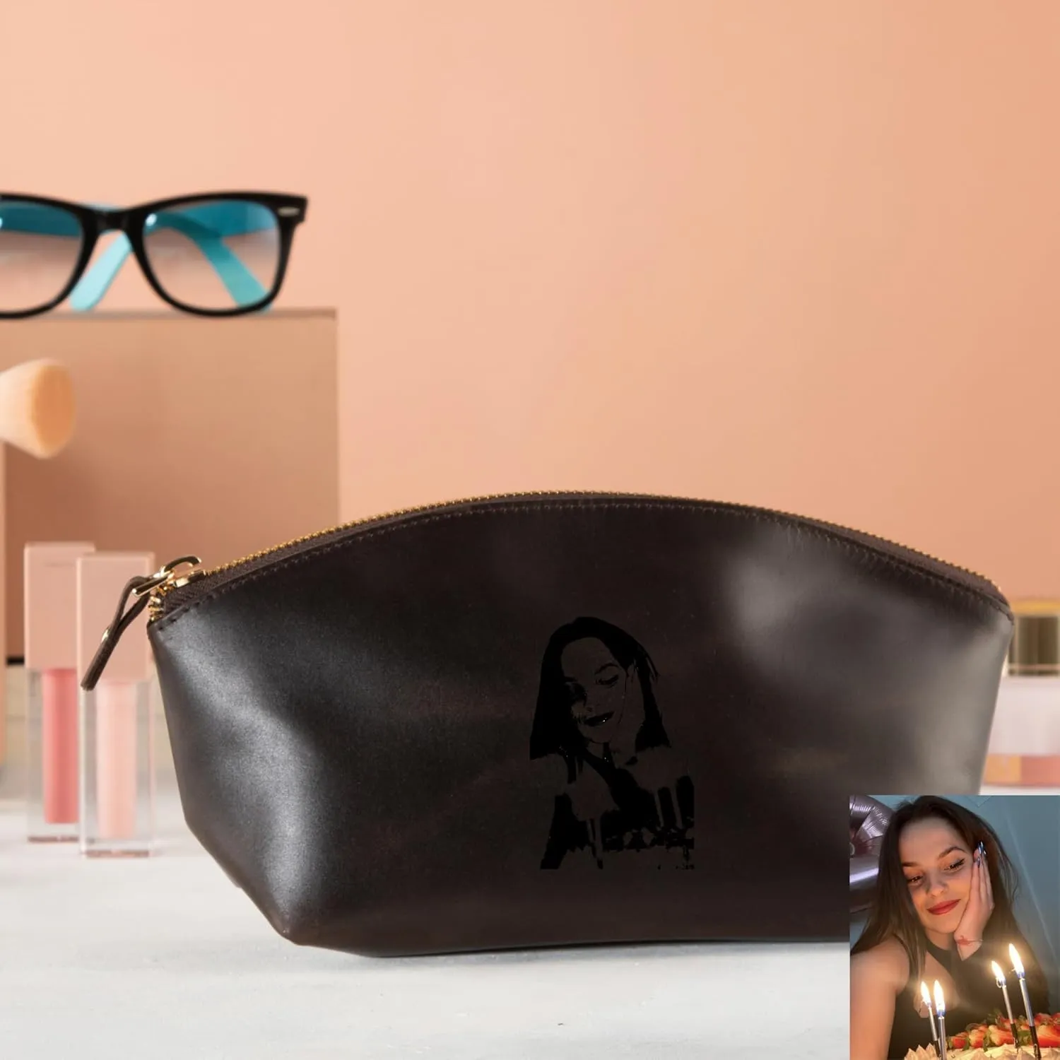 Premium Personalized Genuine Leather Cosmetic Makeup Bag - Wedding Gift for Bridesmaid, Travel Organizer Clutch for Women with Zipper Pouch for Toiletry Essentials (Avanza Chestnut)