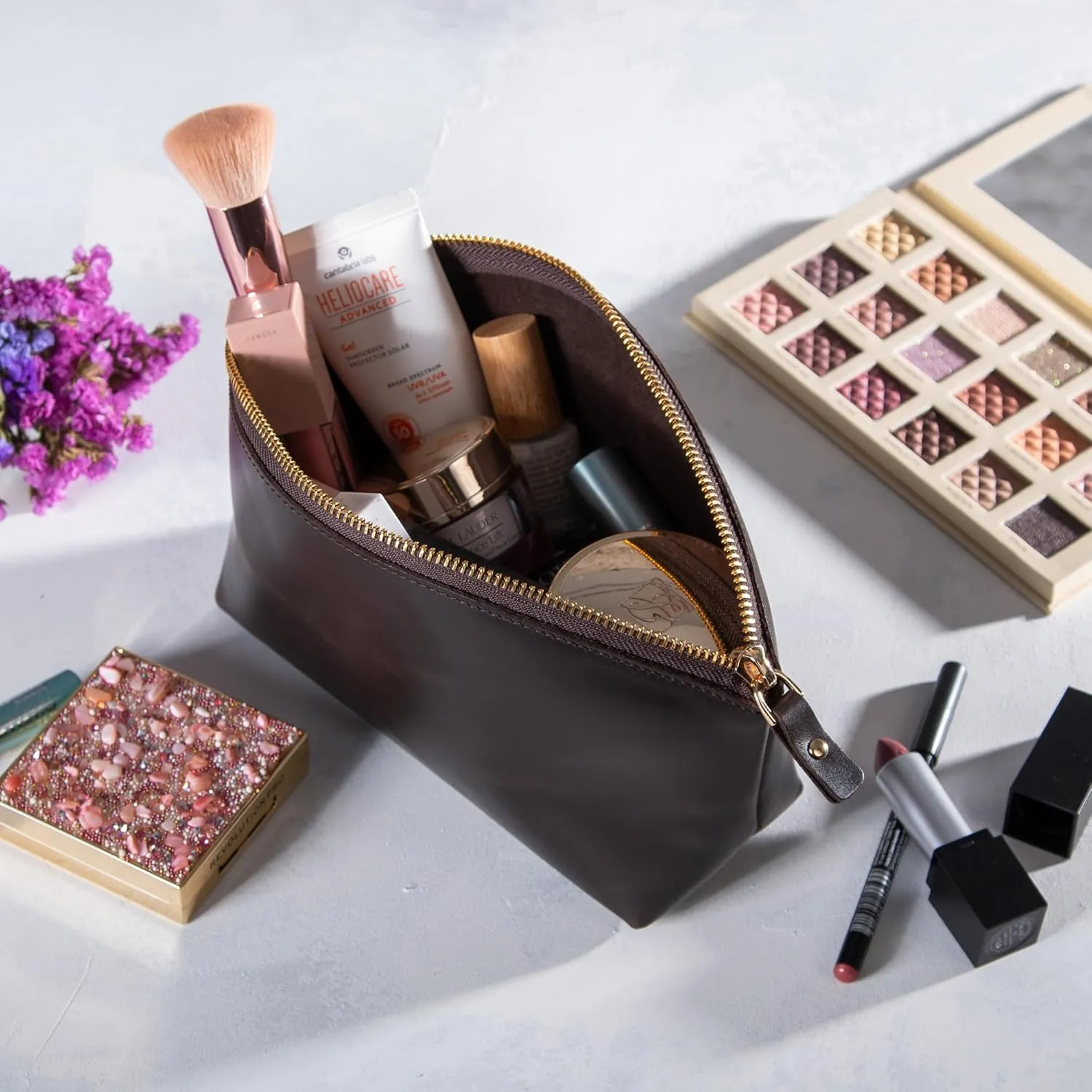 Premium Personalized Genuine Leather Cosmetic Makeup Bag - Wedding Gift for Bridesmaid, Travel Organizer Clutch for Women with Zipper Pouch for Toiletry Essentials (Avanza Chestnut)
