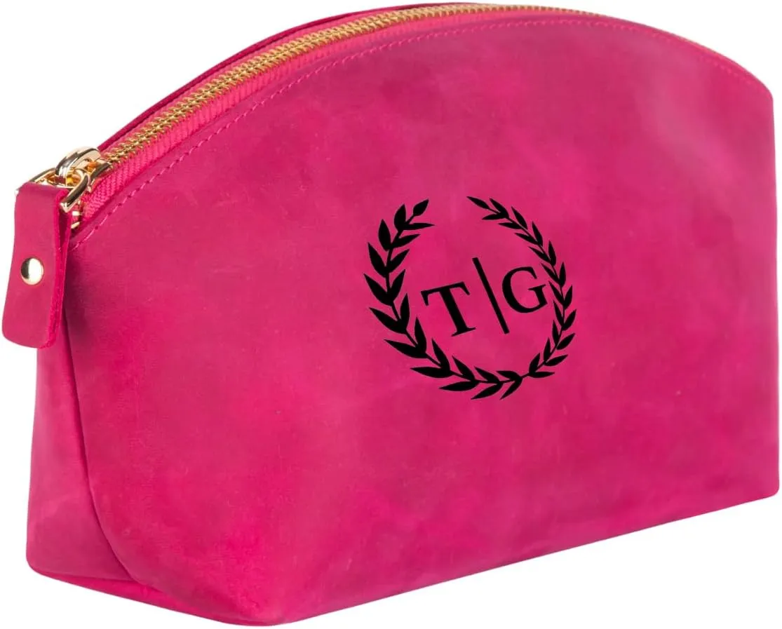 Premium Personalized Genuine Leather Cosmetic Makeup Bag - Wedding Gift for Bridesmaid, Travel Organizer Clutch for Women with Zipper Pouch for Toiletry Essentials (Fuchsia)