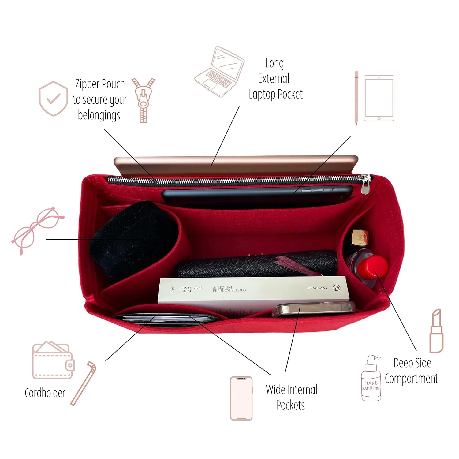 Premium Purse Organizer for Bride-a-brac Insert, PM Bride-a-brac case organizer, Trousse Bride A Brac GM Organizer, 2mm Thick Felt Snug Sturdy (For Small Bride-a-Brac (PM), Orange)