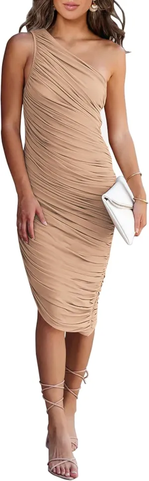 PRETTYGARDEN Summer One Shoulder Dresses for Women 2025 Elegant Mesh Ruched Asymmetrical Wedding Guest Cocktail Bodycon Dress