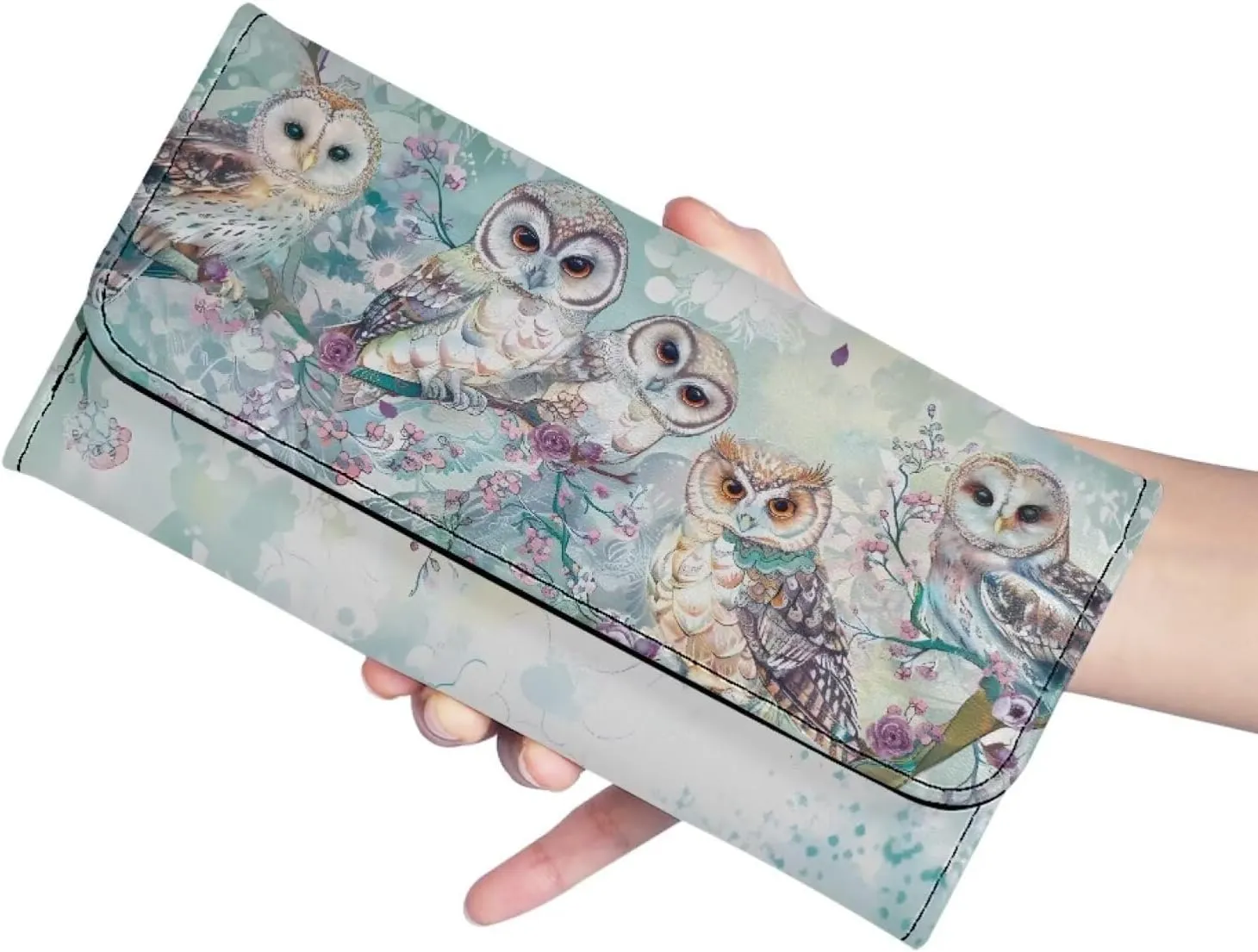 Print Owls Long Clutch Wallet for Ladies Girls Luxury Women's RFID Blocking Tri-fold Leather Wallet Travel Purse Big Capacity Phone Holder Coin Zip Pocket Mini Handbag