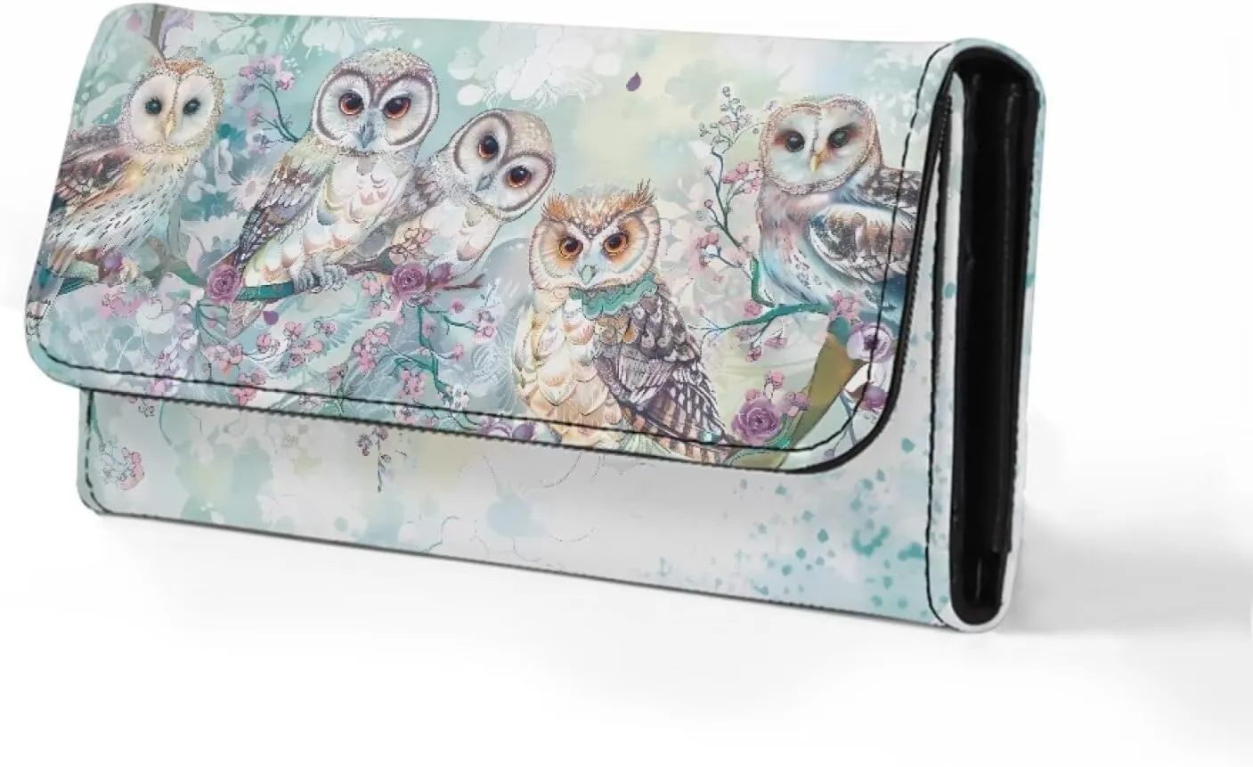 Print Owls Long Clutch Wallet for Ladies Girls Luxury Women's RFID Blocking Tri-fold Leather Wallet Travel Purse Big Capacity Phone Holder Coin Zip Pocket Mini Handbag