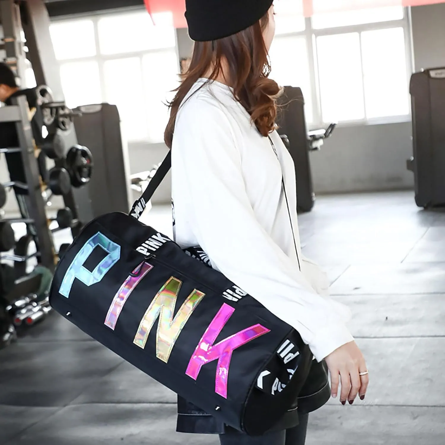 Printed Travel Tote Bag Dry Wet Separation Sports Duffels Bag with Shoes Compartment Weekender Bag for Women and Men (Black Laser)