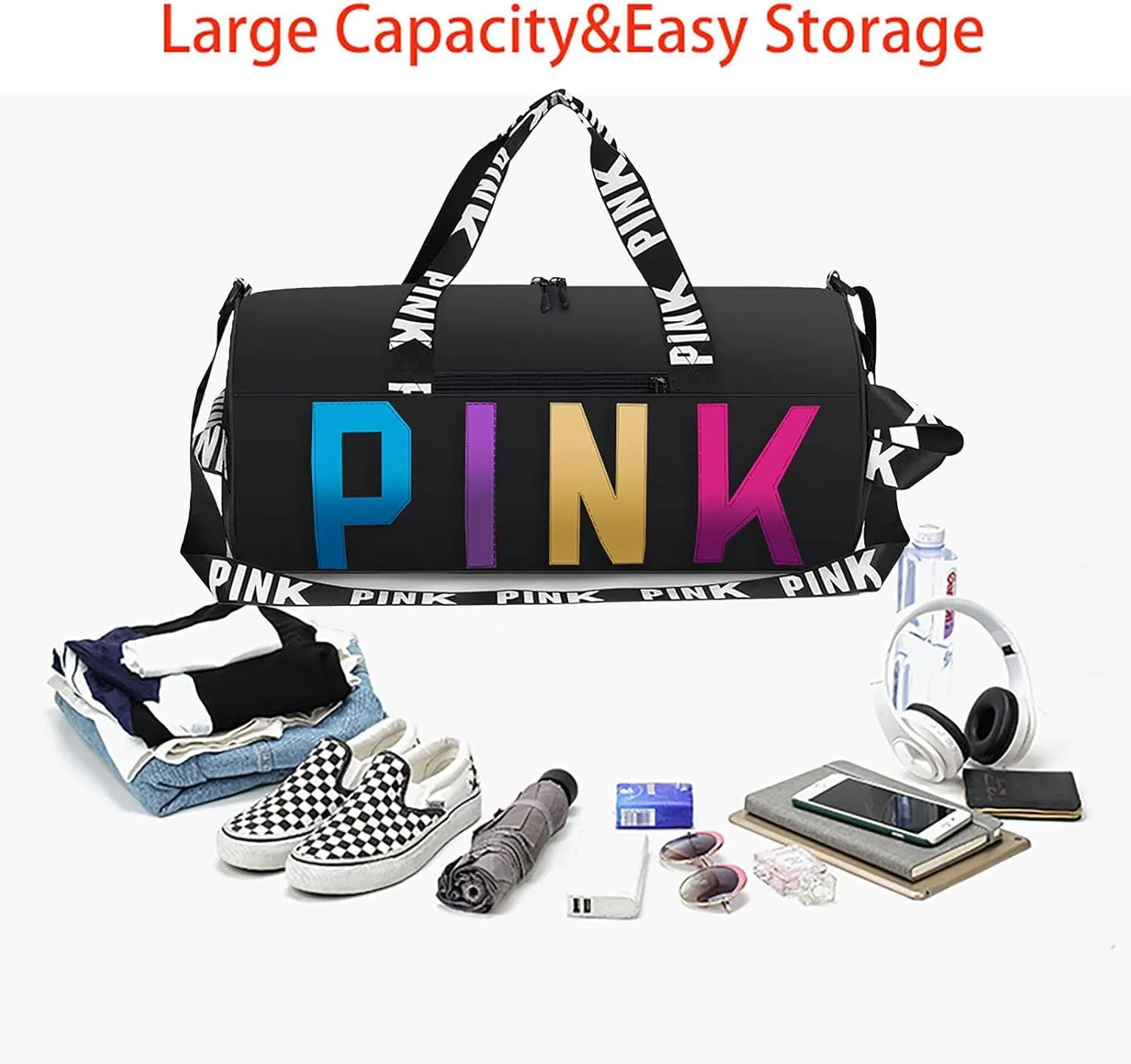 Printed Travel Tote Bag Dry Wet Separation Sports Duffels Bag with Shoes Compartment Weekender Bag for Women and Men (Black Laser)