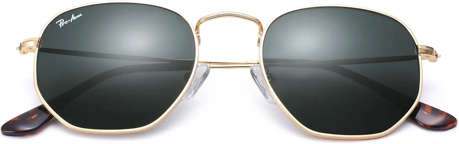 Pro Acme Small Square Sunglasses for Women Men 100% Real Glass Lens Hexagonal Frame