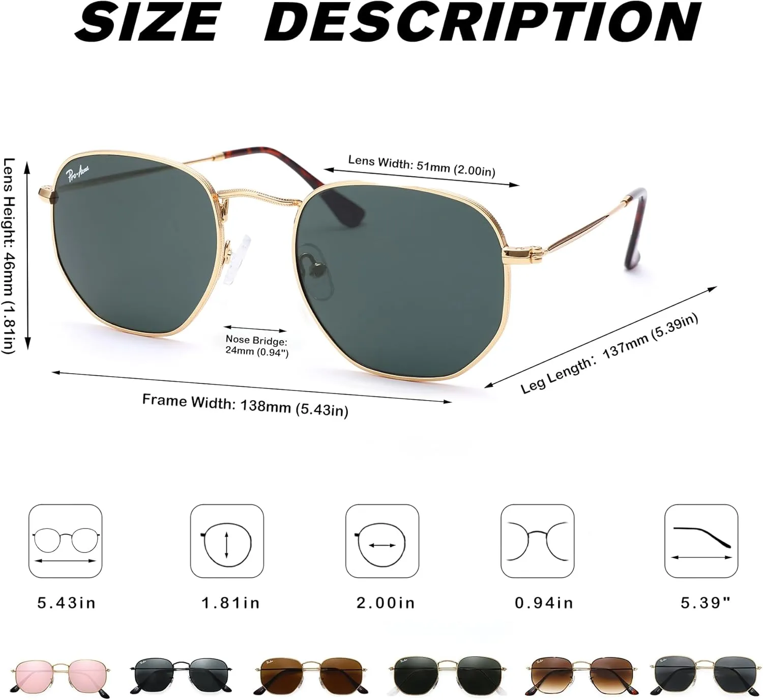 Pro Acme Small Square Sunglasses for Women Men 100% Real Glass Lens Hexagonal Frame