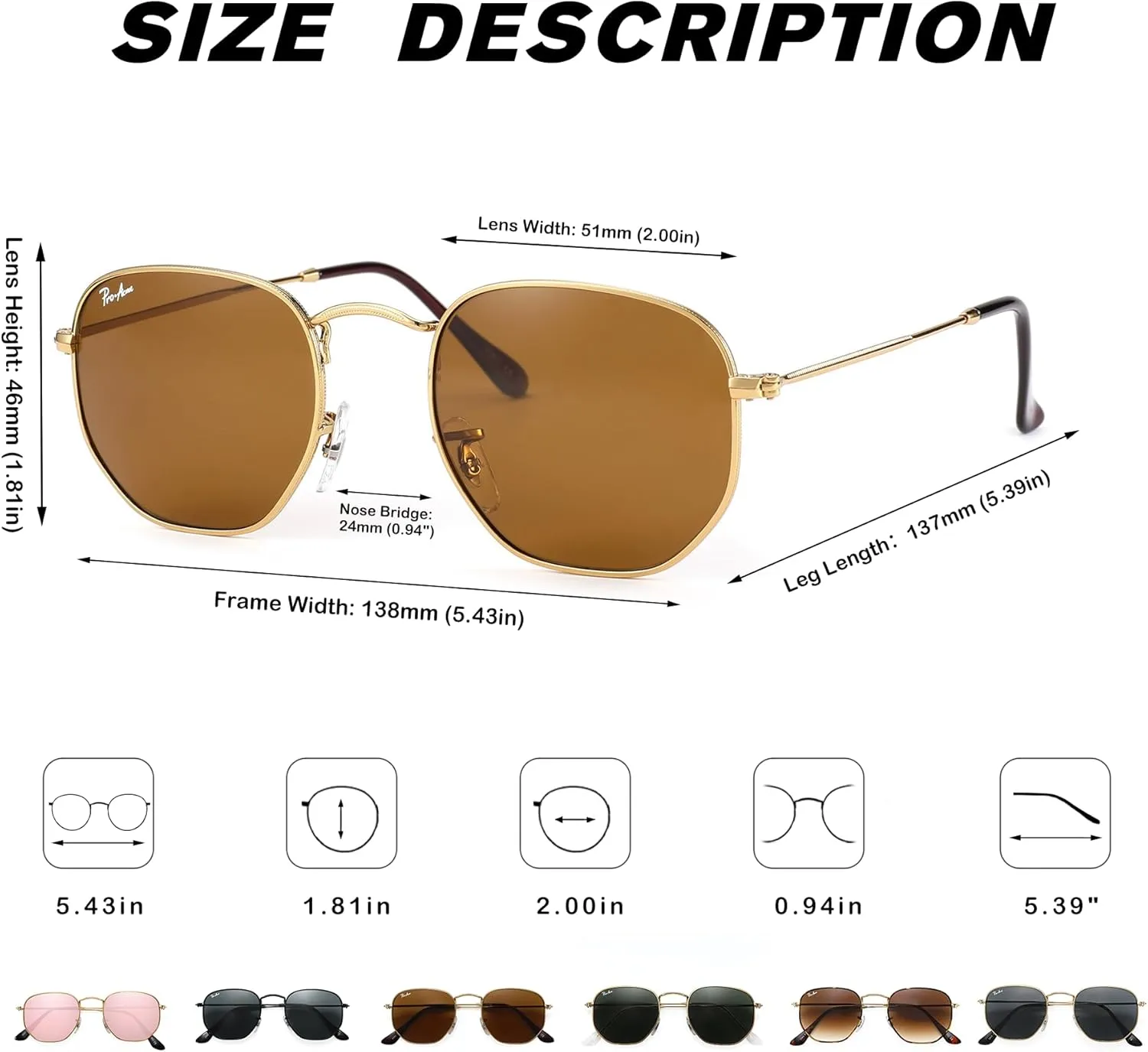 Pro Acme Small Square Sunglasses for Women Men 100% Real Glass Lens Hexagonal Frame