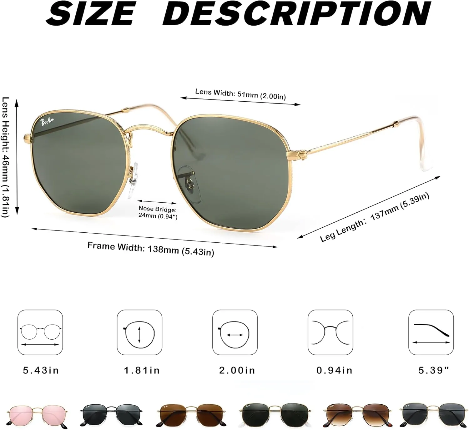 Pro Acme Small Square Sunglasses for Women Men 100% Real Glass Lens Hexagonal Frame