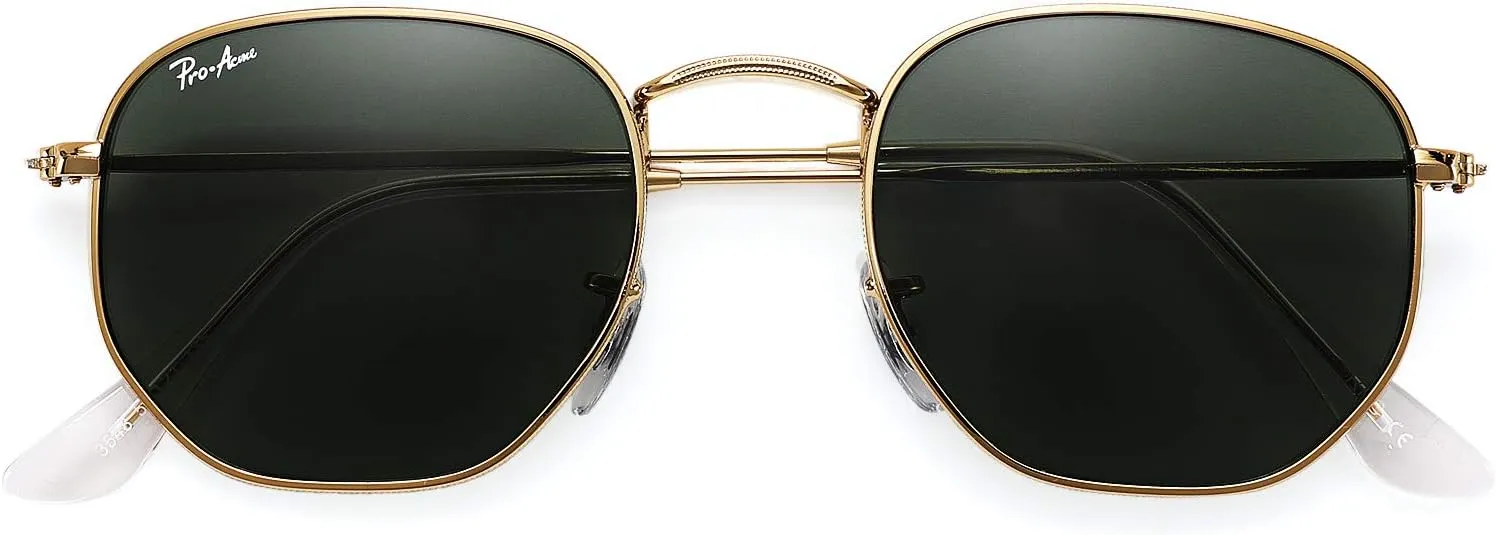 Pro Acme Small Square Sunglasses for Women Men 100% Real Glass Lens Hexagonal Frame