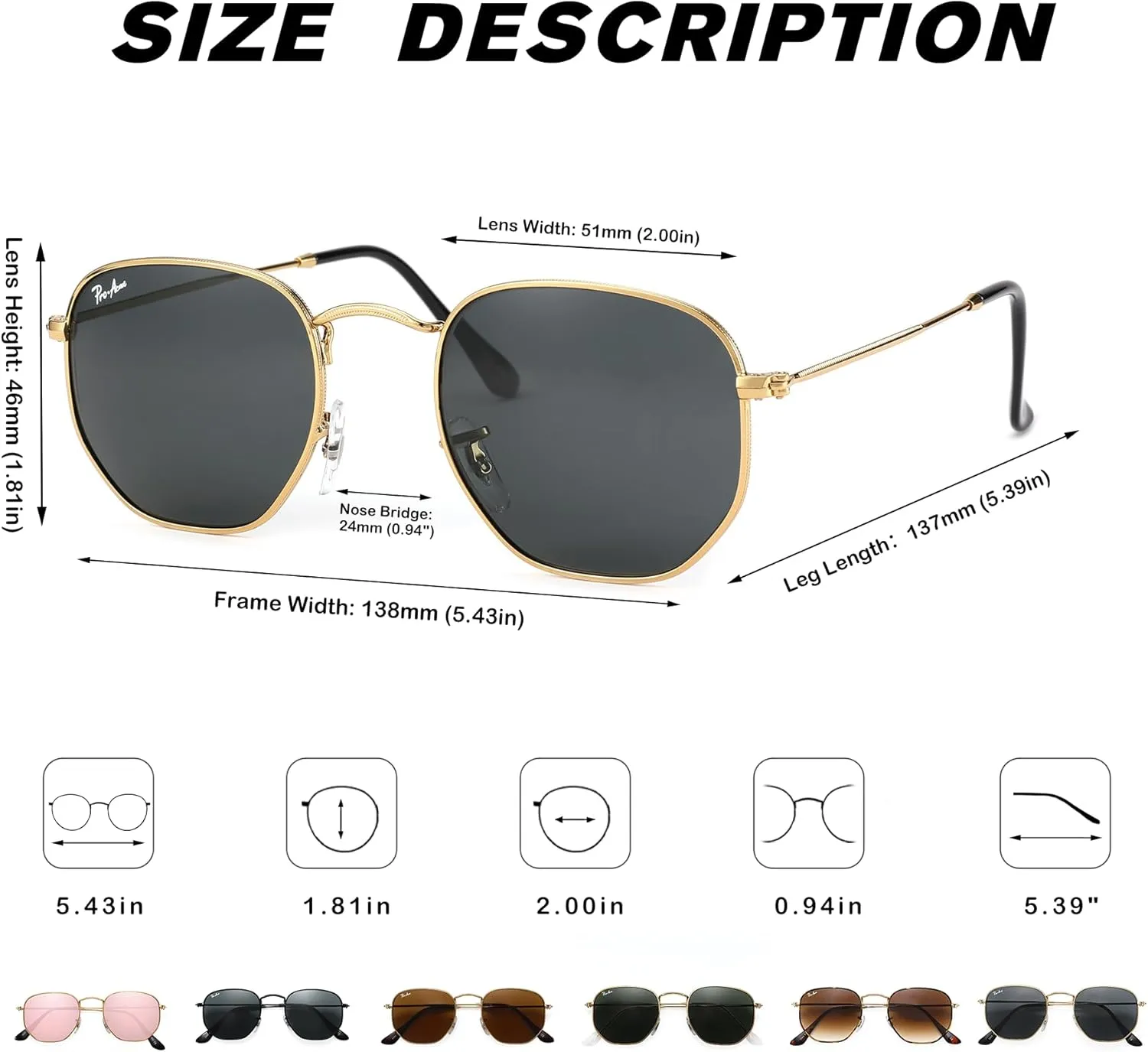 Pro Acme Small Square Sunglasses for Women Men 100% Real Glass Lens Hexagonal Frame