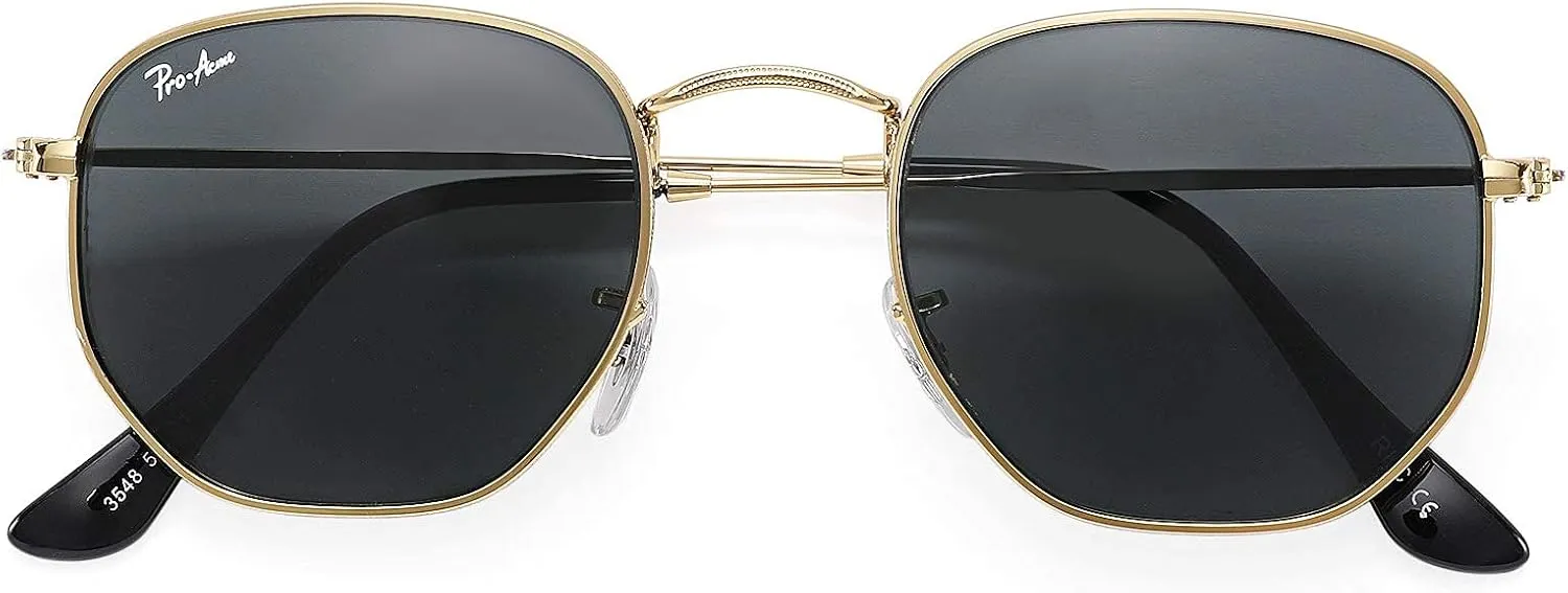 Pro Acme Small Square Sunglasses for Women Men 100% Real Glass Lens Hexagonal Frame