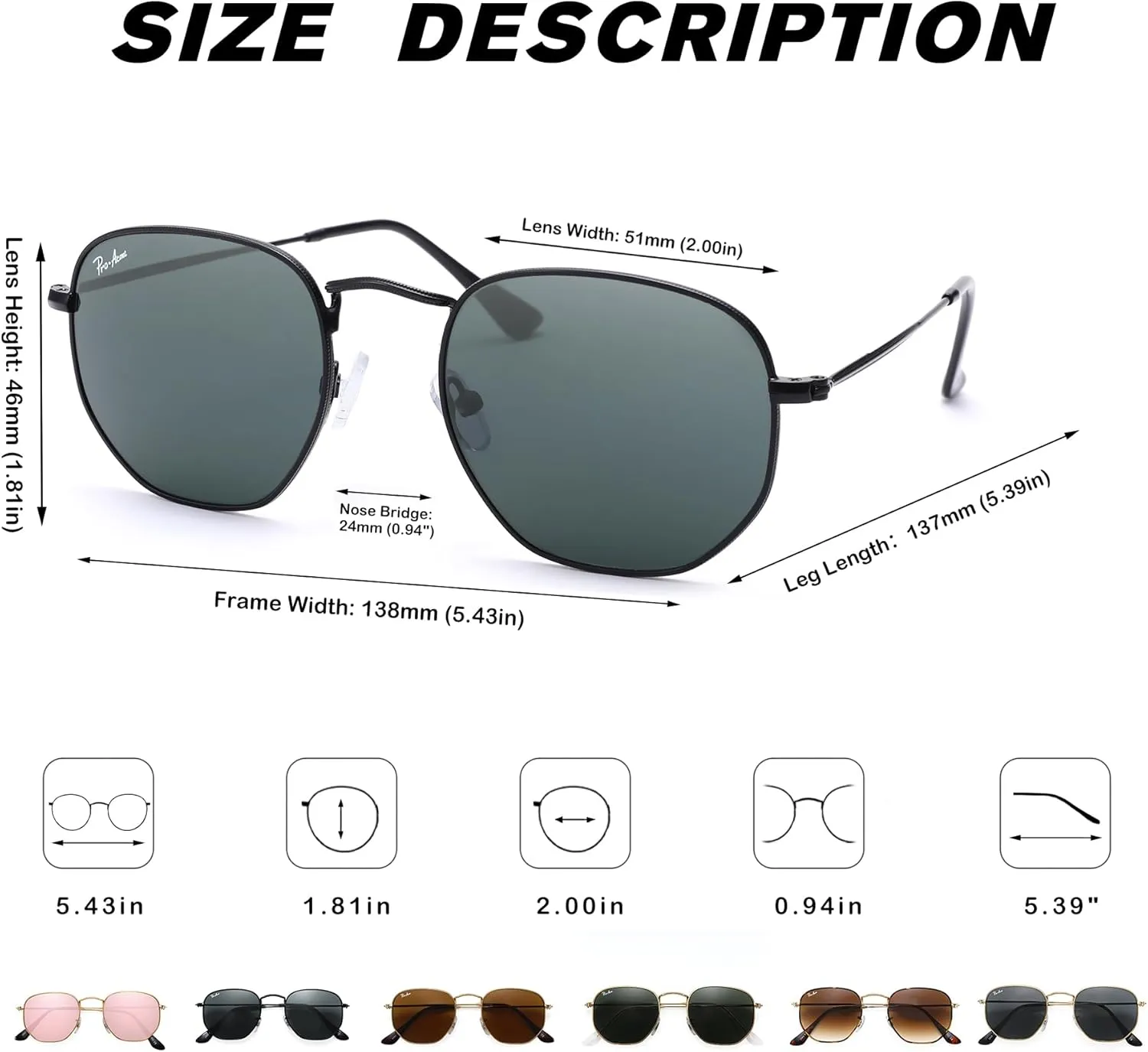 Pro Acme Small Square Sunglasses for Women Men 100% Real Glass Lens Hexagonal Frame