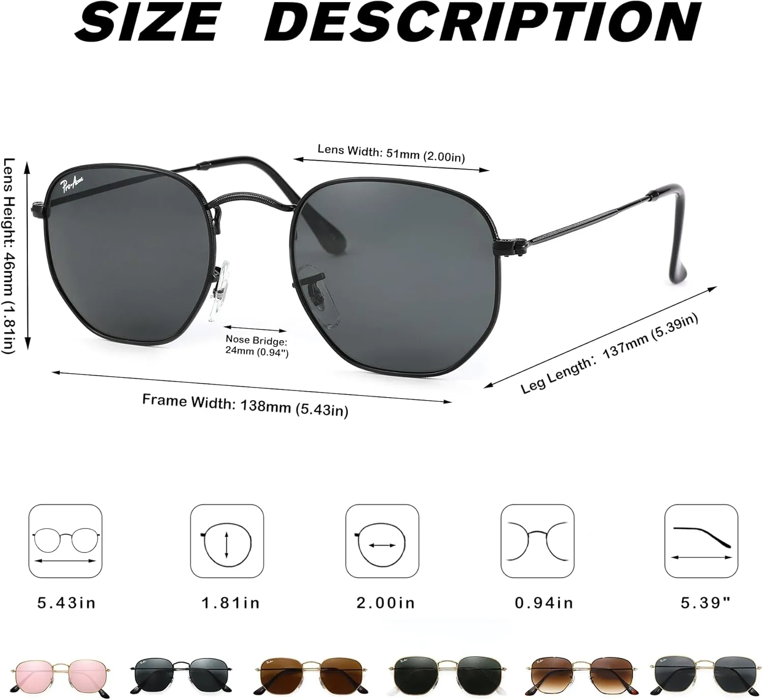Pro Acme Small Square Sunglasses for Women Men 100% Real Glass Lens Hexagonal Frame
