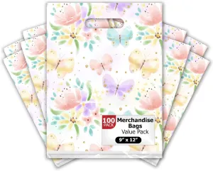 Pro Supply Global 9x12 100 Count Floral Butterfly Designer Retail Boutique Merchandise Bags with Die Cut Handles Premium Printed Shopping Bags For Small Business Shop Owners