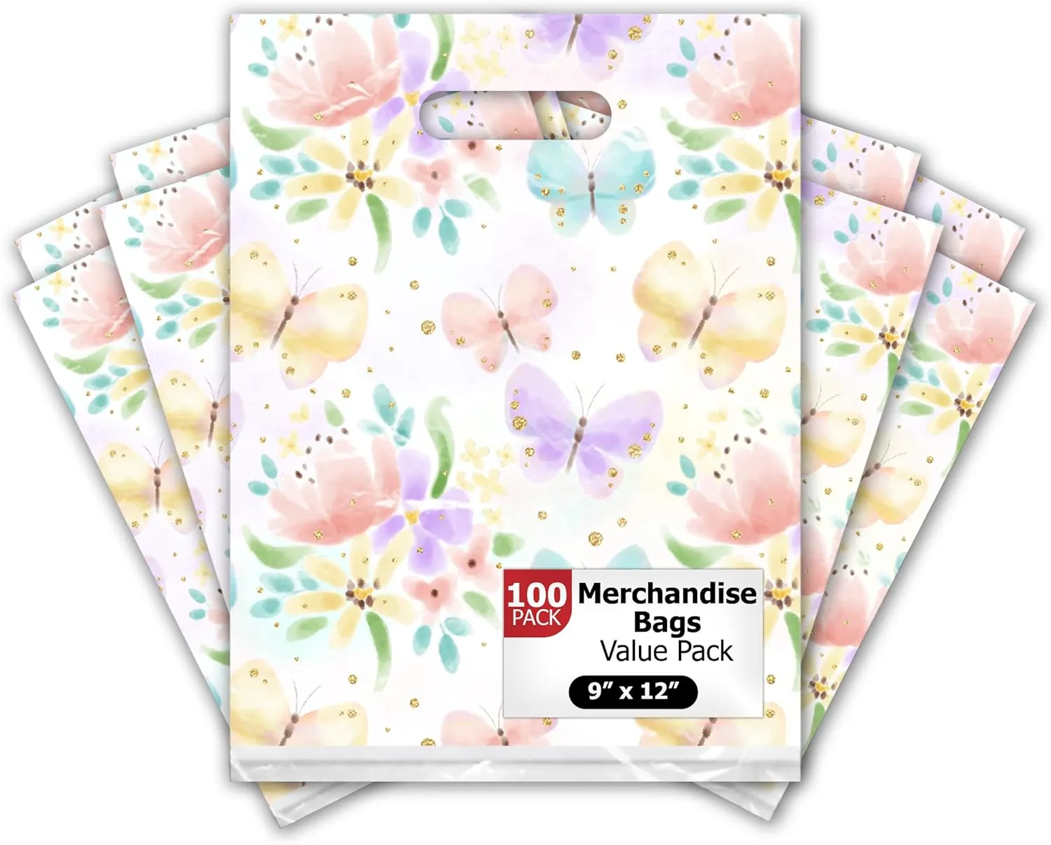 Pro Supply Global 9x12 100 Count Floral Butterfly Designer Retail Boutique Merchandise Bags with Die Cut Handles Premium Printed Shopping Bags For Small Business Shop Owners
