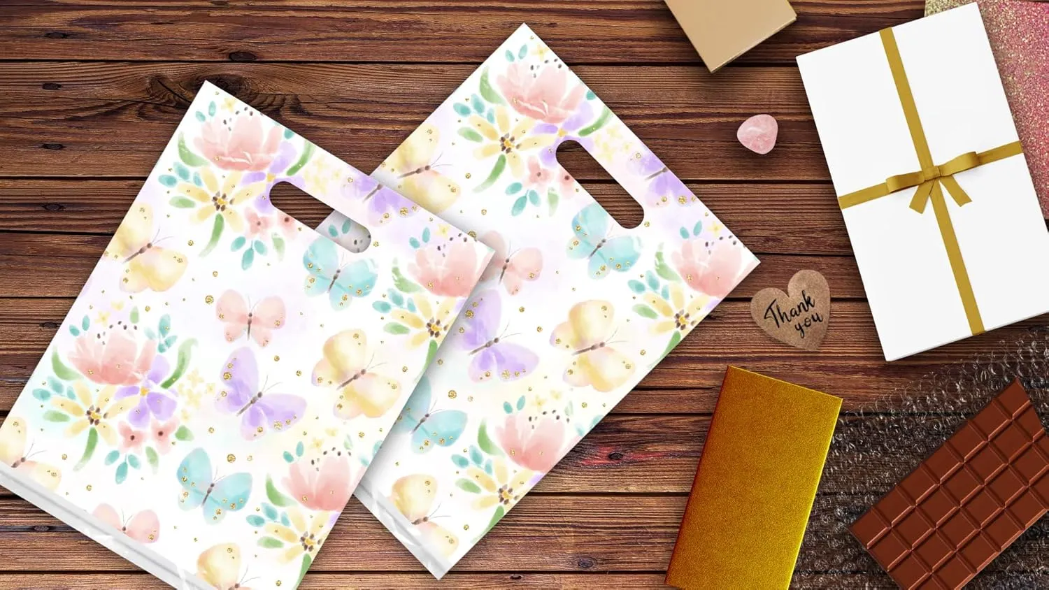 Pro Supply Global 9x12 100 Count Floral Butterfly Designer Retail Boutique Merchandise Bags with Die Cut Handles Premium Printed Shopping Bags For Small Business Shop Owners