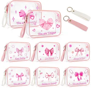 PUNICA 8 Pcs Pink Bow Clear Makeup Bag Pink Coquette Bows Cosmetic Bags Gifts Women, Waterproof PVC Travel Toiletry Bag Bulk, Makeup Pouch Emotional Support Gift for Mother Nurse Graduation Organizer