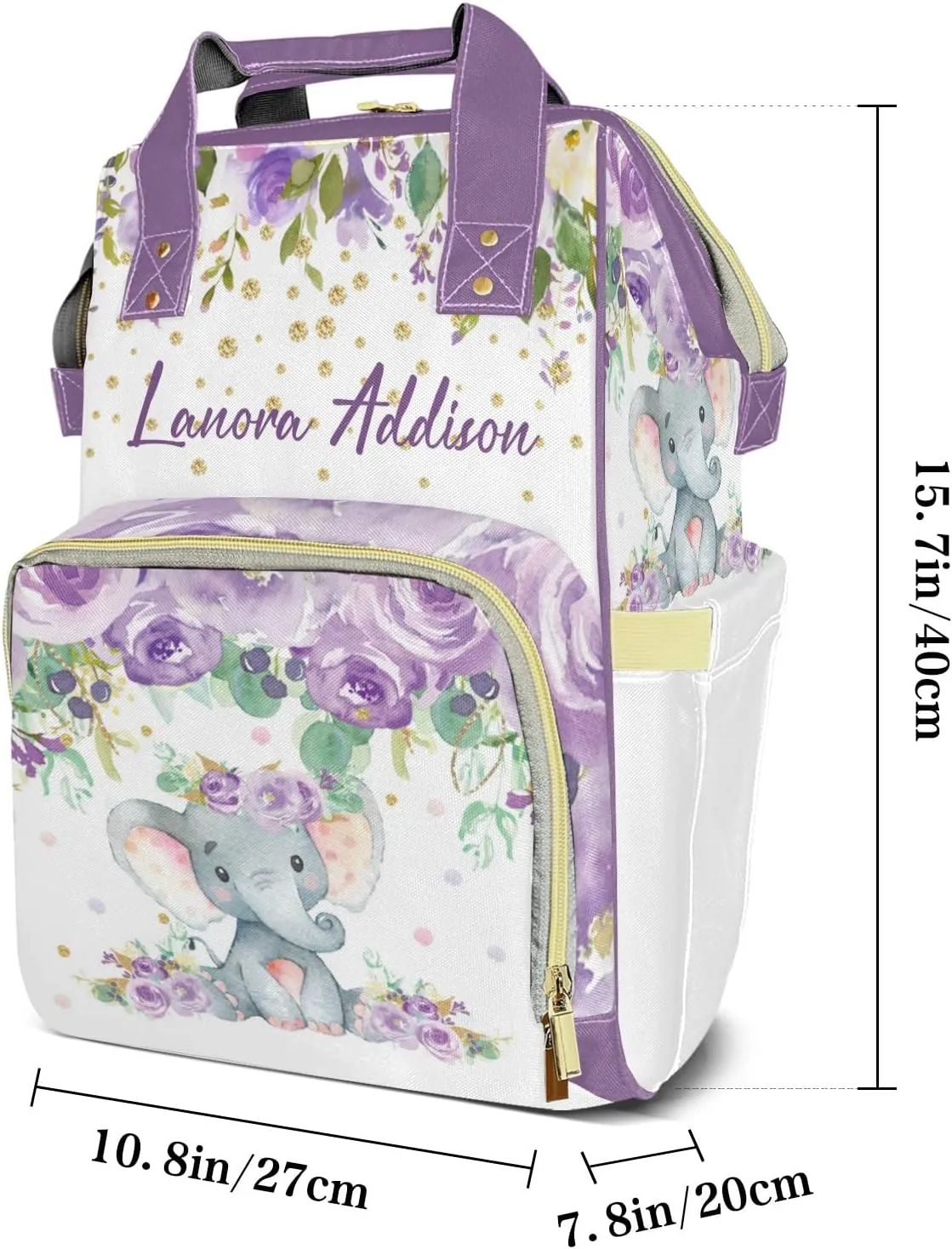 Purple Flower Watercolor Elephant Diaper Bags Backpack Customized Baby Bag Nursing Nappy Bag Travel Tote Gifts for Women