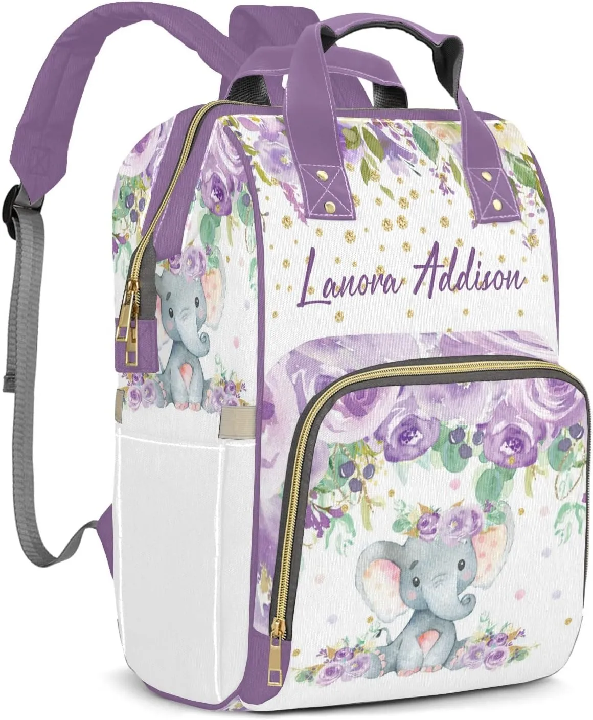 Purple Flower Watercolor Elephant Diaper Bags Backpack Customized Baby Bag Nursing Nappy Bag Travel Tote Gifts for Women