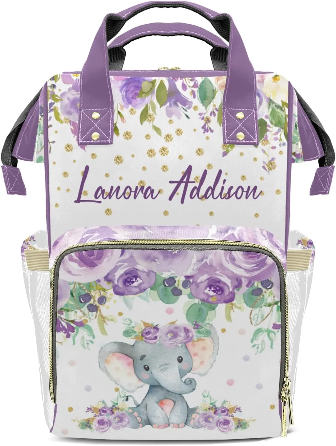 Purple Flower Watercolor Elephant Diaper Bags Backpack Customized Baby Bag Nursing Nappy Bag Travel Tote Gifts for Women