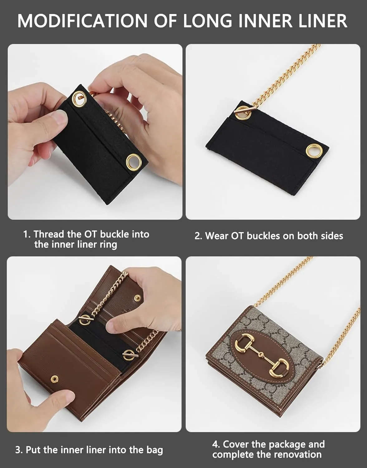 Purse Conversion Kit with Premium Felt Insert & 120cm Alloy Chain - Convert Your Wallet into Crossbody Bag