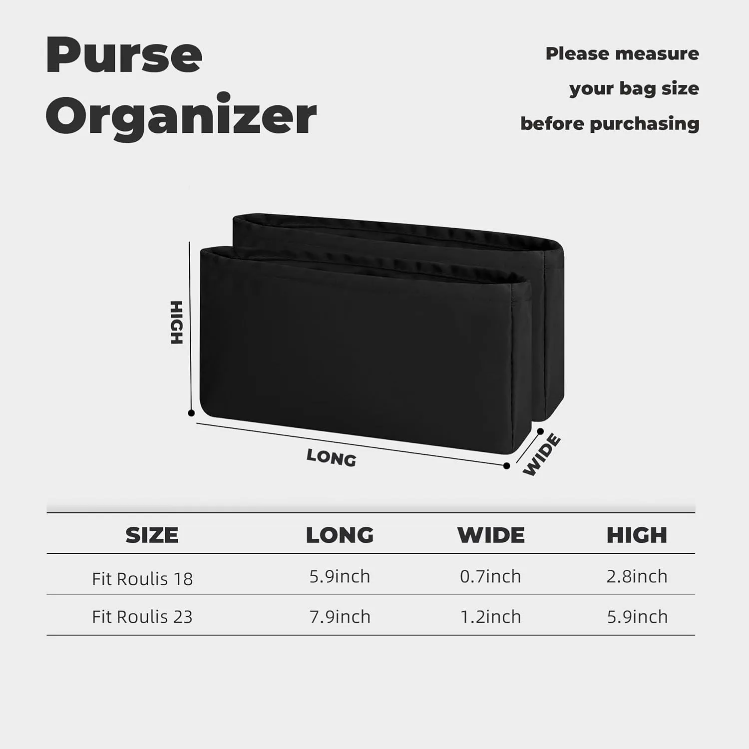 Purse Handbag Silky Organizer Insert Keep Bag Shape Fits Hermes Roulis 18/23 bags, Luxury Handbag Tote Lightweight Sturdy(Roulis 18,Black)