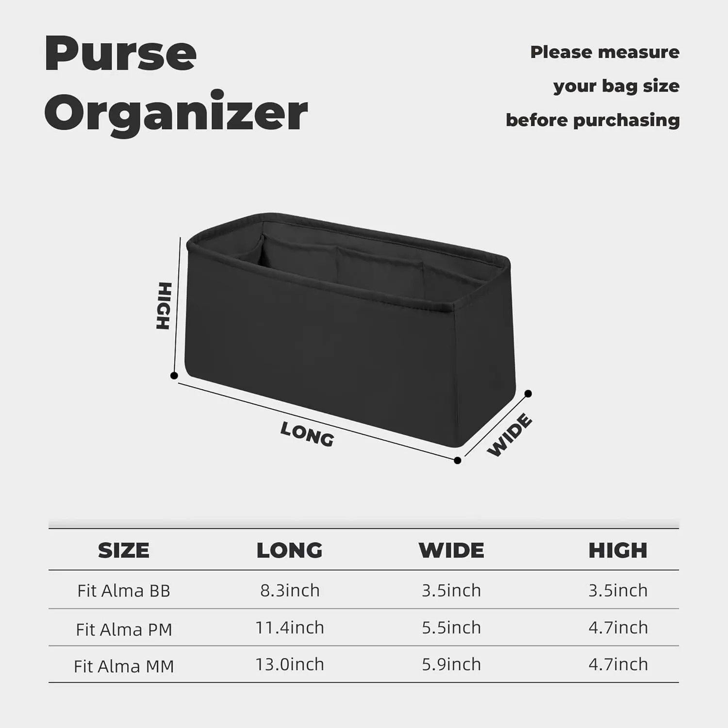 Purse Handbag Silky Organizer Insert Keep Bag Shape Fits LV Alma BB/PM/MM bags, Luxury Handbag Tote Lightweight Sturdy(Alma PM,Black)
