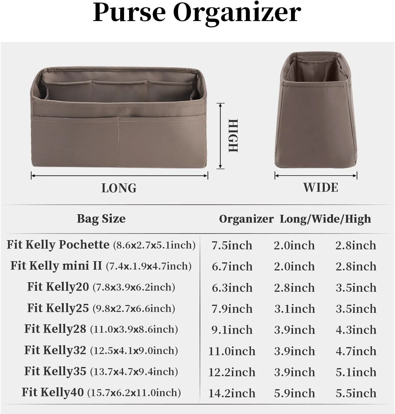 Purse Insert for Kelly 28, Silky Purse Organizers for Inside Purse, Lightweight Shaper Compatible with Hermes Kelly 28 Bag, Multi Color Options(Etoupe grey, KE 28)