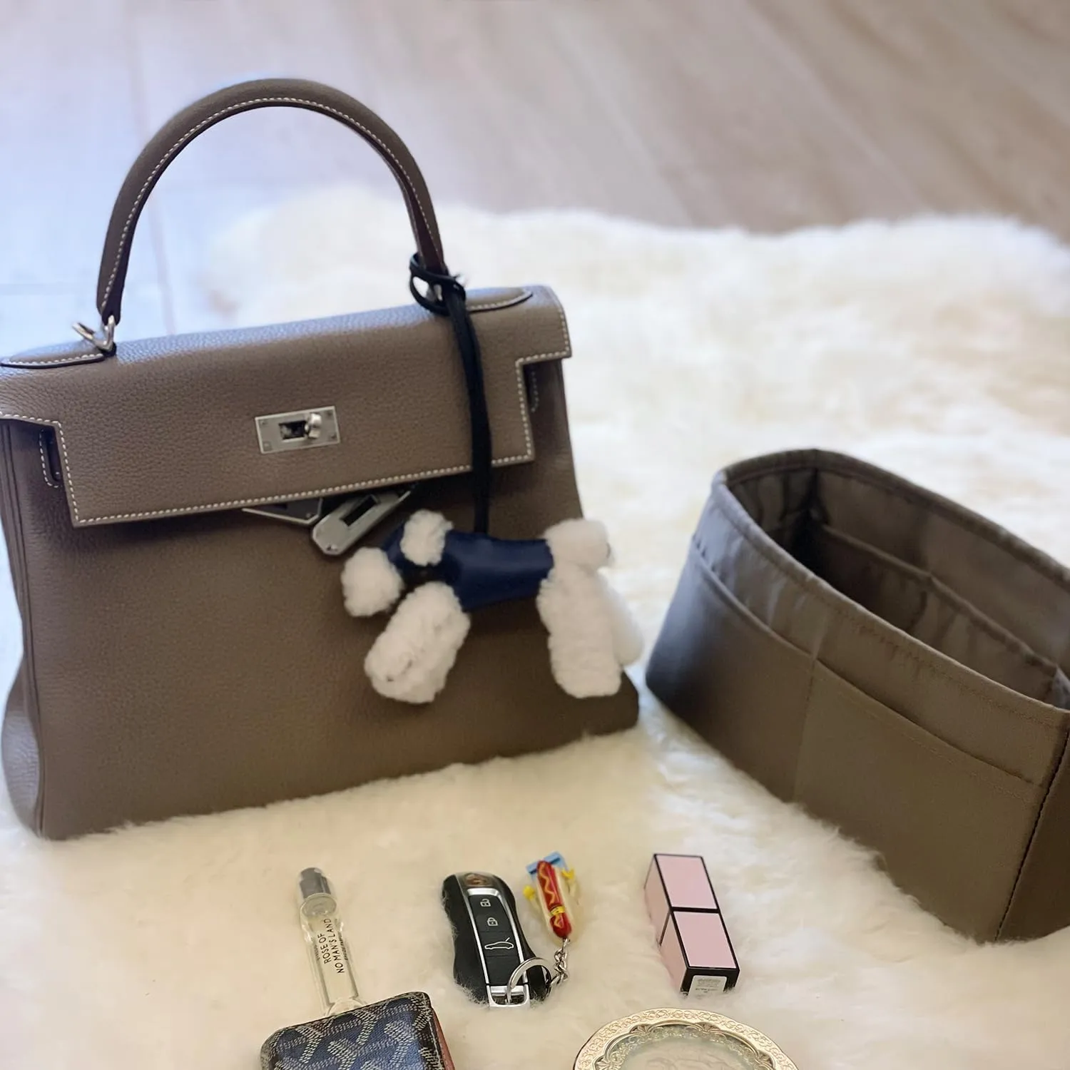 Purse Insert for Kelly 28, Silky Purse Organizers for Inside Purse, Lightweight Shaper Compatible with Hermes Kelly 28 Bag, Multi Color Options(Etoupe grey, KE 28)