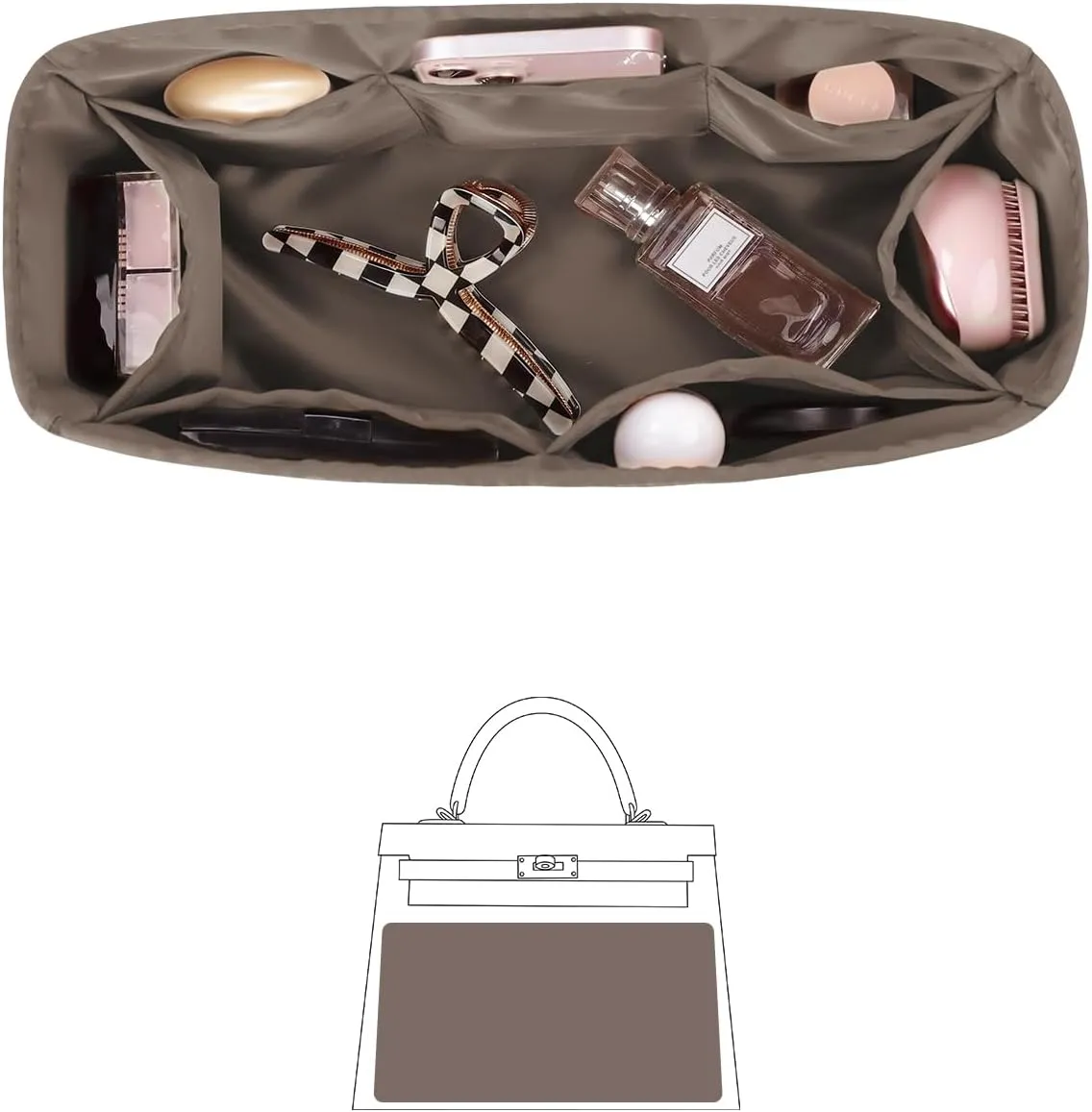 Purse Insert for Kelly 28, Silky Purse Organizers for Inside Purse, Lightweight Shaper Compatible with Hermes Kelly 28 Bag, Multi Color Options(Etoupe grey, KE 28)