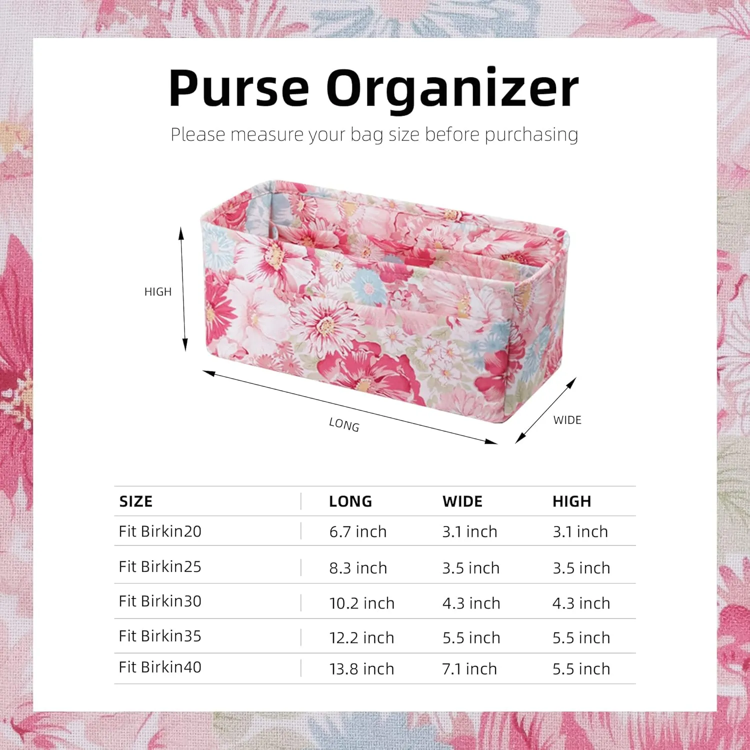 Purse Organizer Insert Fits Birkin 25/30/35/40 bags, Lightweight Bag Shaper Liner for Women Luxury Handbag Tote, Soft Inner Bag (BK25, Blooming)