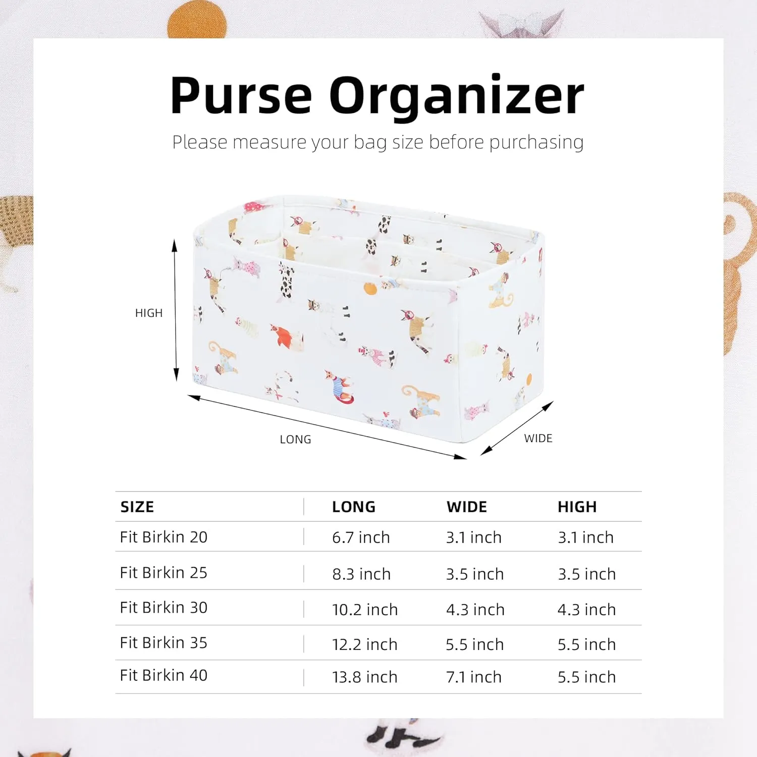 Purse Organizer Insert Fits Birkin 25/30/35/40 bags, Lightweight Bag Shaper Liner for Women Luxury Handbag Tote, Soft Inner Bag (BK30, Cat Paradise)