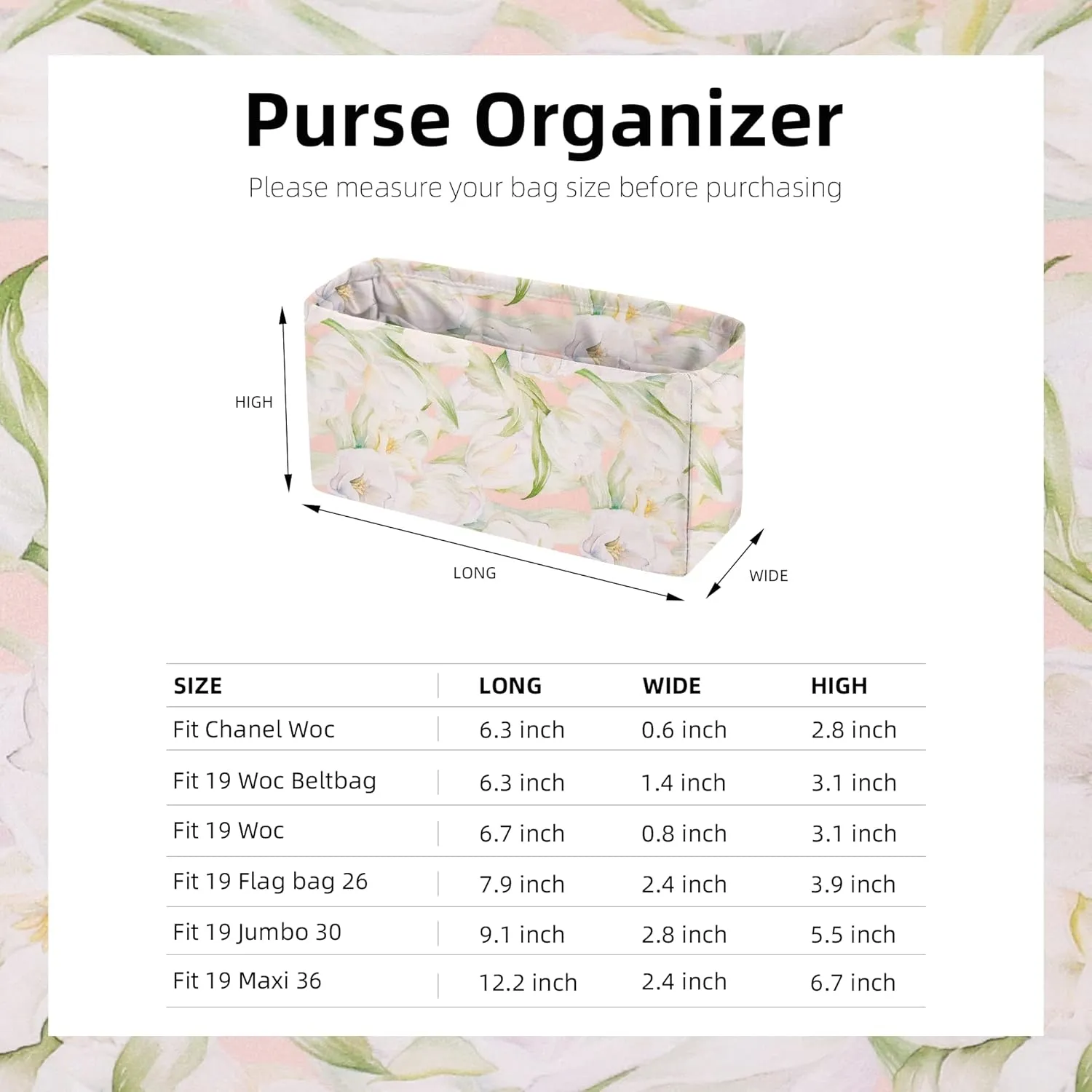 Purse Organizer Insert Fits Chanel Woc bags, Lightweight Bag Shaper for Women Luxury Handbag Tote, Soft Inner Bag (Chanel Woc, French Tulips)