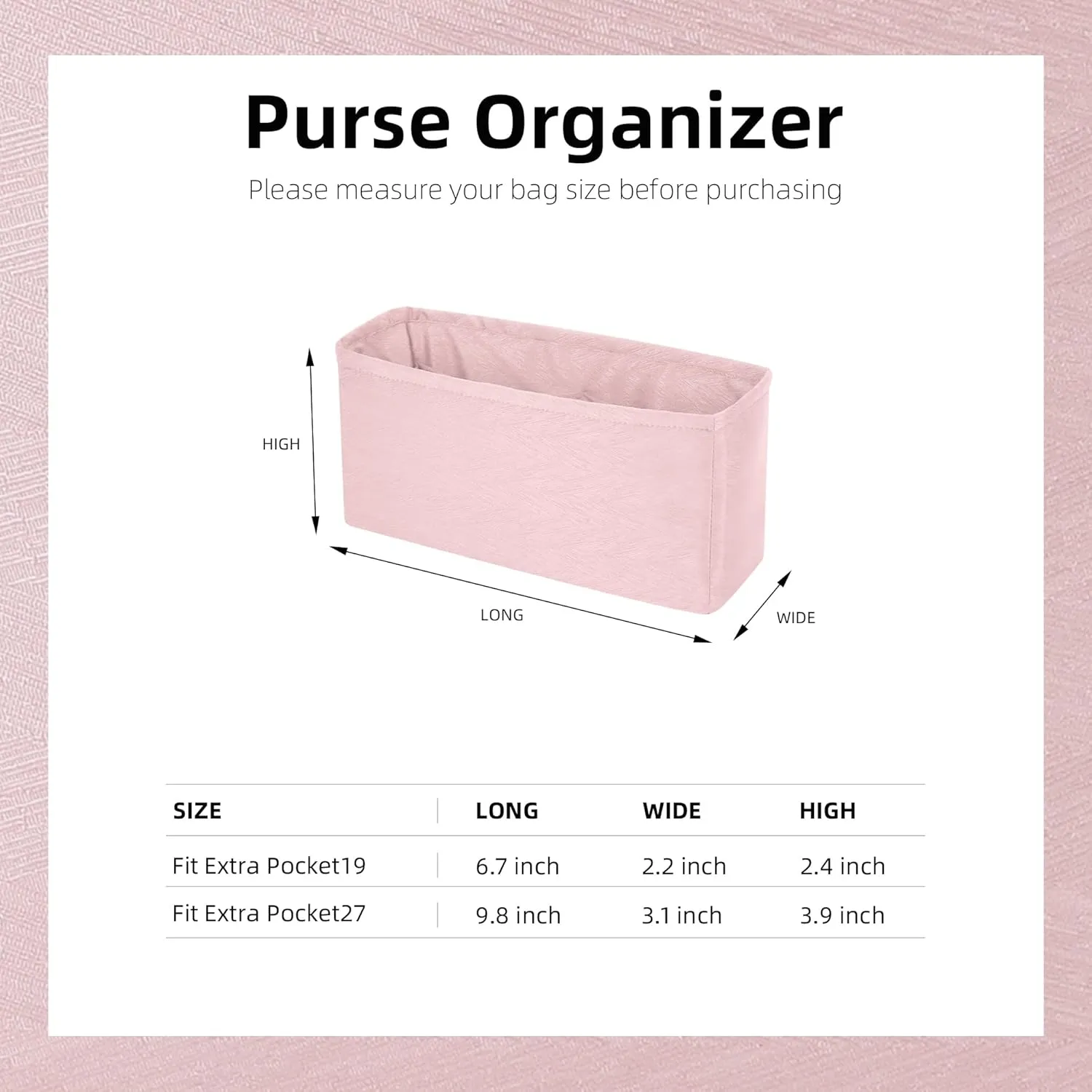 Purse Organizer Insert Fits Extra Pocket L19/L27, Lightweight Bag Shaper for Women Luxury Handbag Tote, Soft Inner Bag(L19,Pink)