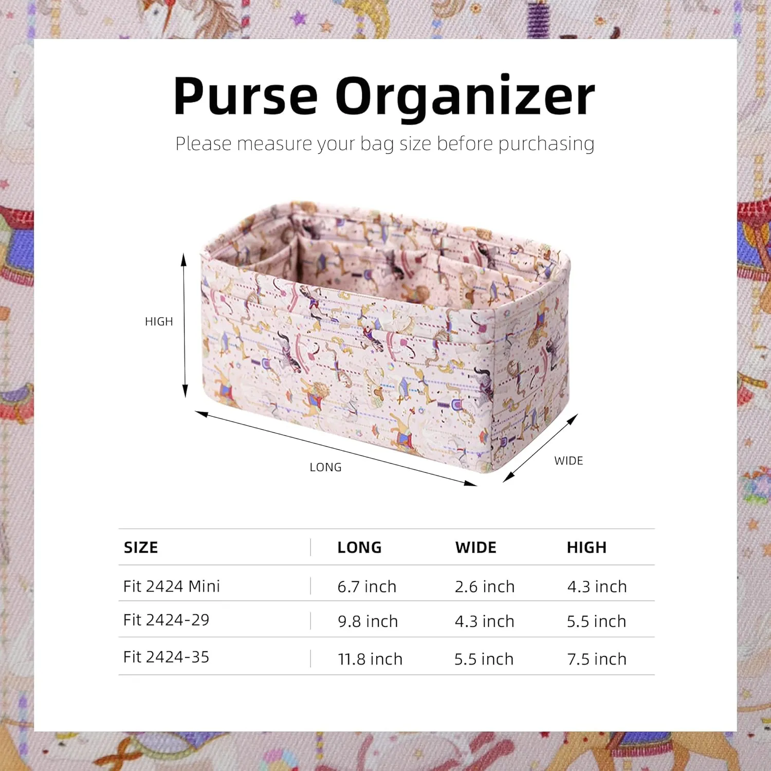 Purse Organizer Insert fits Kelly24/24 mini/29/35 bags, Lightweight Bag organizer for Women Luxury Handbag Tote, Soft Inner Bag (24/24-mini, Circus(Pink))