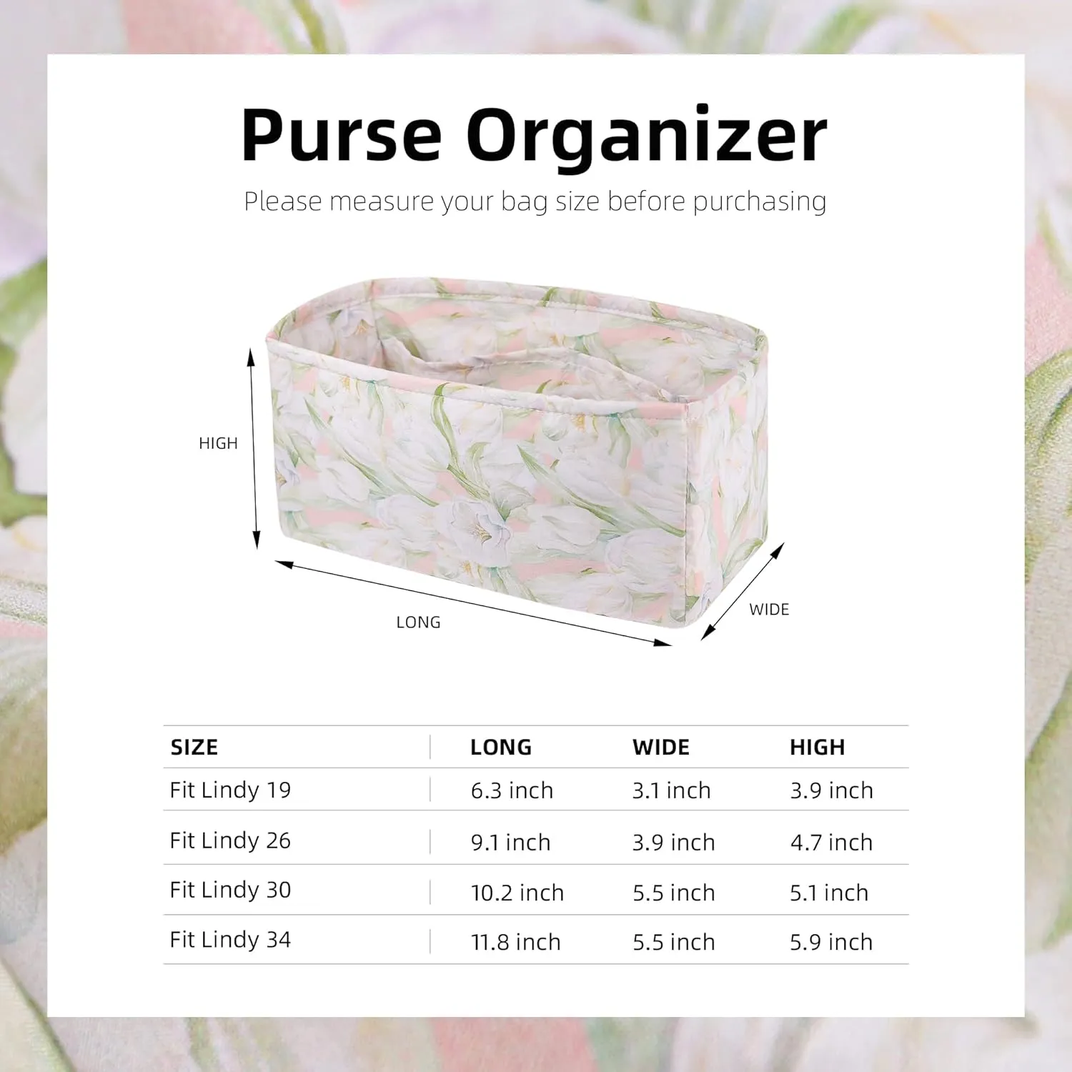 Purse Organizer Insert Fits Lindy 19/26/30/34 bags, Lightweight Bag Shaper Liner for Women Luxury Handbag Tote, Soft Inner Bag (LD26, French Tulips)