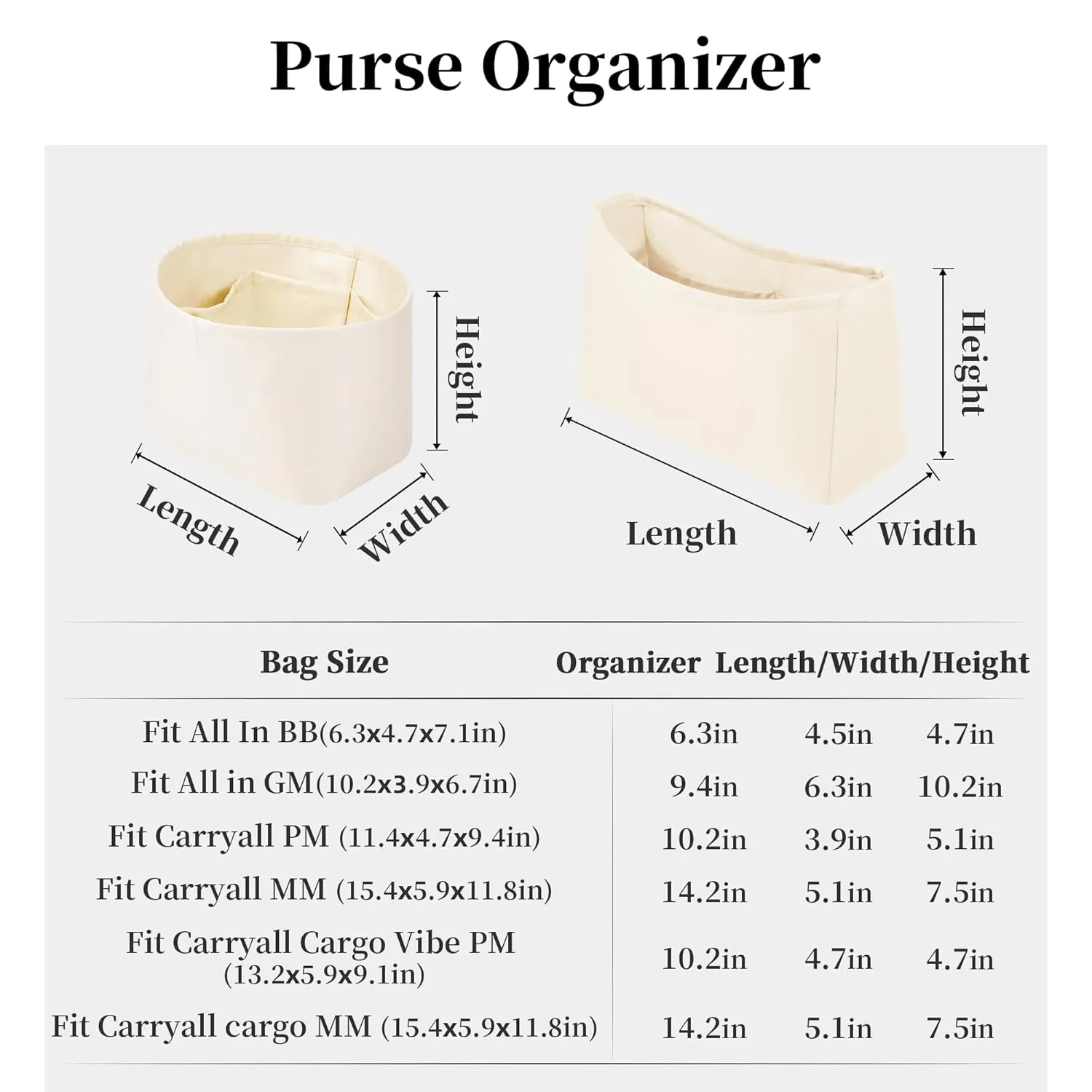 Purse Organizer Insert for All In/CarryAll/Cargo Vibe, Satin Handbag Organizer for LV Bag, Purse Essentials for Women Designer Handbags, Multiple Pockets Storage Bags (Craie, CarryAll Cargo Vibe PM)