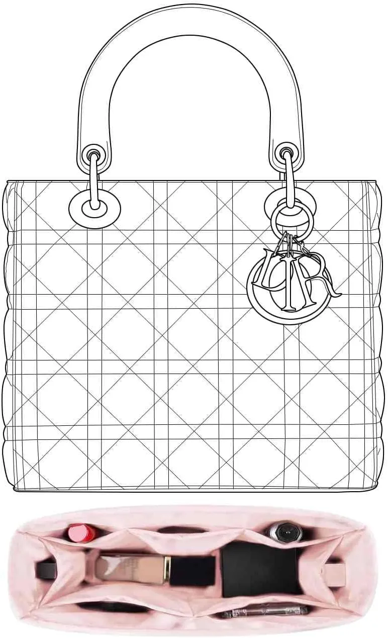 Purse Organizer Insert for Dior Lady Medium Bags,Pink,Luxury Bags Storage with Silk, Lightweight Shaper for Daily Use, Pockets Large Capacity.
