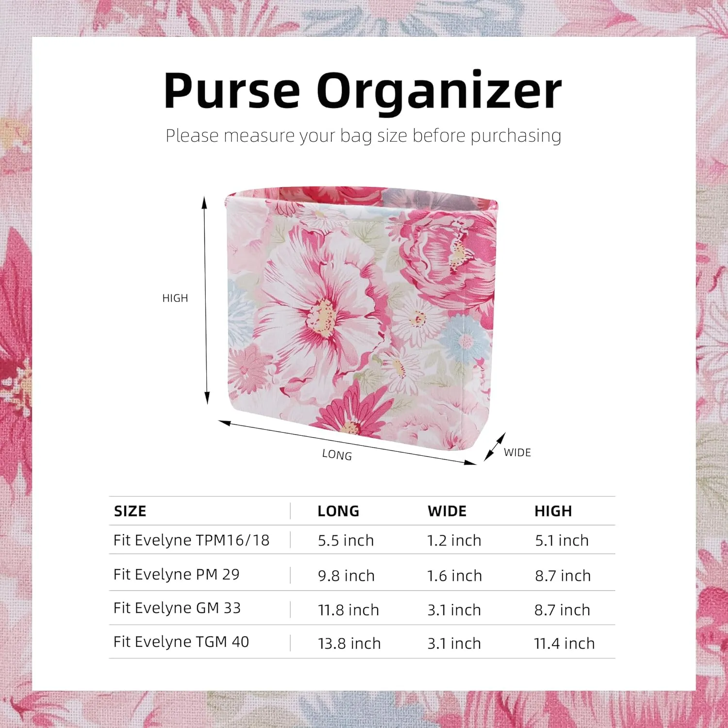 Purse Organizer Insert For Evelyne TPM/PM/GM/TGM, Lightweight Bag Shaper Liner, Soft Luxury Handbag Tote Inner Bag (PM-29,Blooming)