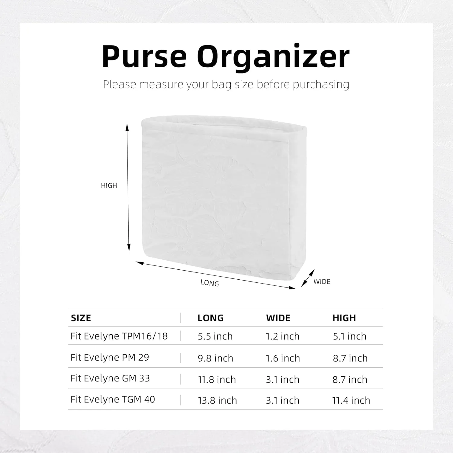 Purse Organizer Insert For Evelyne TPM/PM/GM/TGM, Lightweight Bag Shaper Liner, Soft Luxury Handbag Tote Inner Bag (TPM-mini,Snowflake)