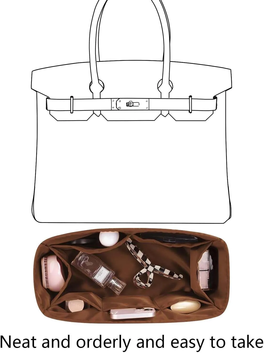 Purse Organizer Insert for Hermes birkin 30 Bags,Gold,Luxury Bags Storage with Silk, Lightweight Shaper for Daily Use, Pockets Large Capacity.