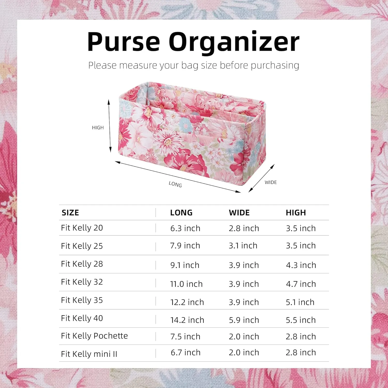 Purse Organizer Insert For Kelly mini/25/28/32/35 bags, Lightweight Bag Organizer Liner, Luxury Handbag Tote Shaper Inner Bag (KL25, Blooming)