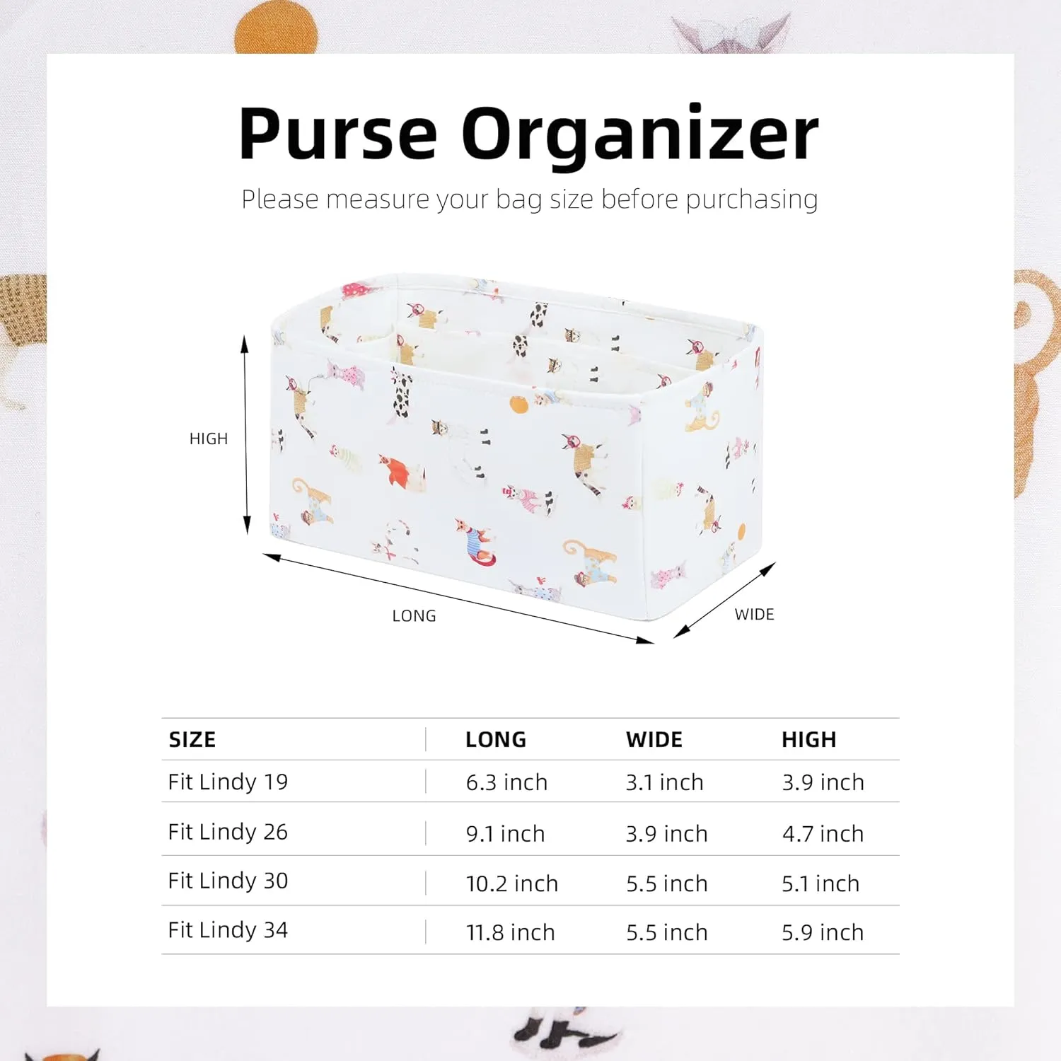 Purse Organizer Insert for Lindy 19/26/30/34 bags, Lightweight Bag Shaper for Women Luxury Handbag Tote, Soft Inner Bag Organizer(LD19, Cat Paradise)