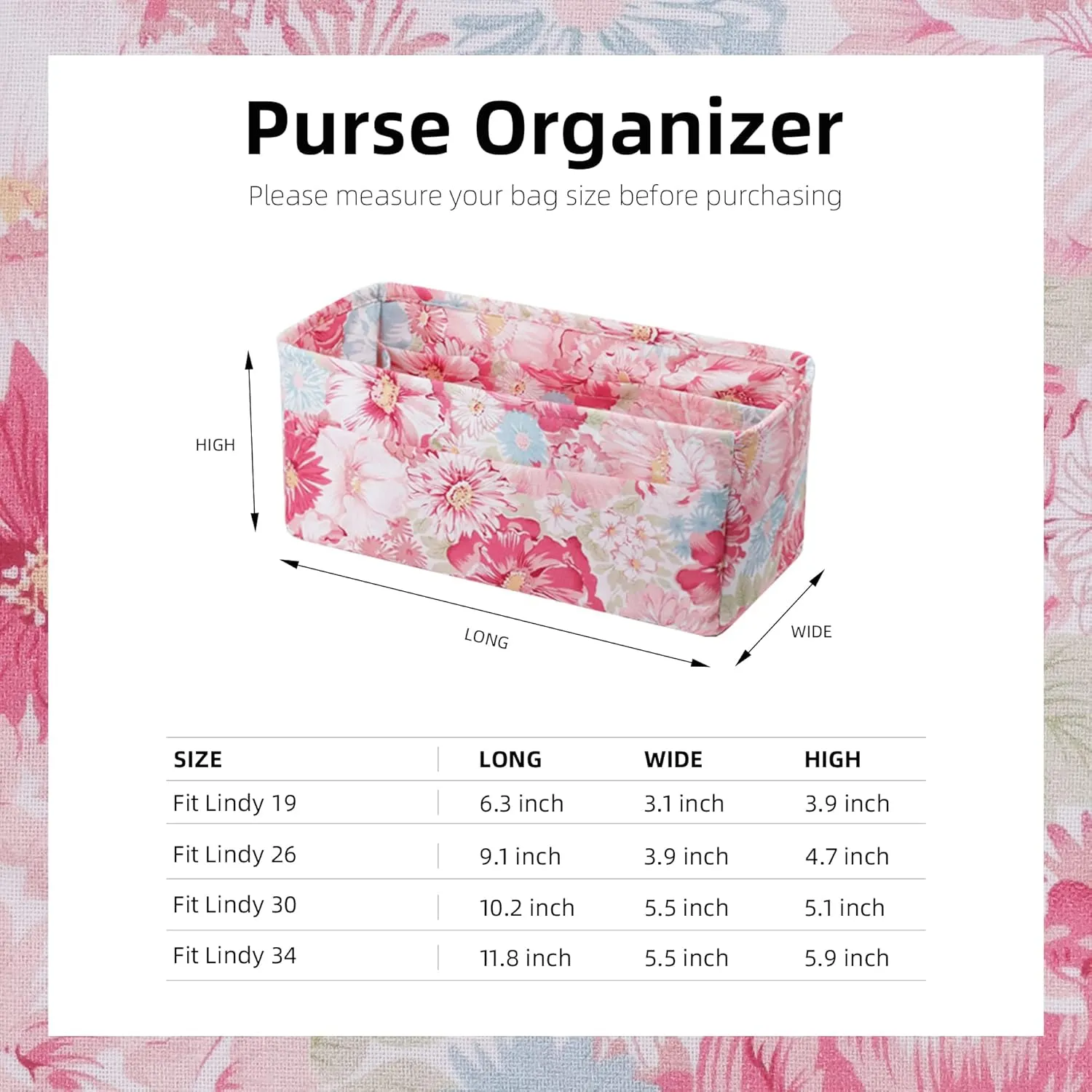 Purse Organizer Insert for Lindy 19/26/30/34 bags, Lightweight Bag Shaper for Women Luxury Handbag Tote, Soft Inner Bag Organizer(LD26, Blooming)