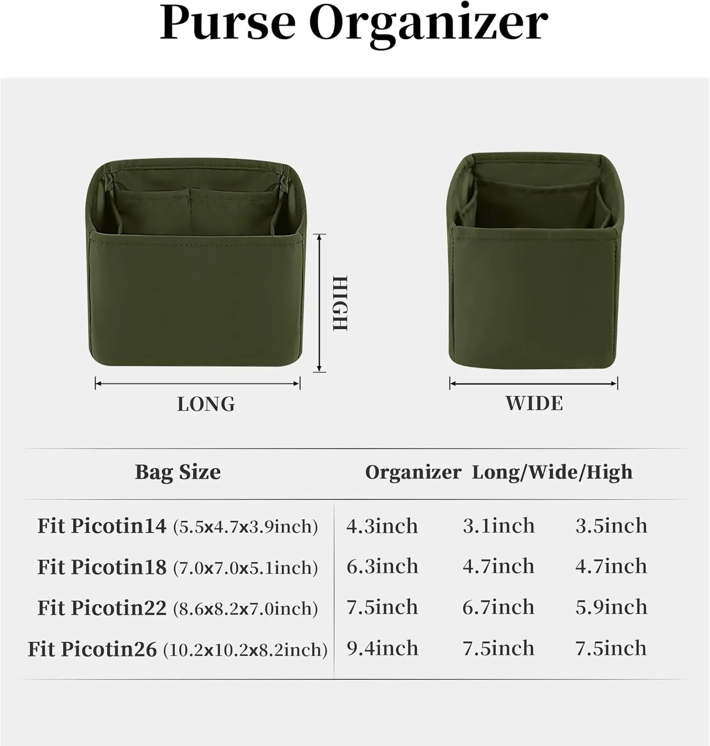 Purse Organizer Insert for Picotin 18/22, Satin Bag Organizer for Picotin Bags, Lightweight Purse Essentials for Women Luxury Handbags, Soft Touch Inner Liner with Multiple Pockets (Canopee, PC18)
