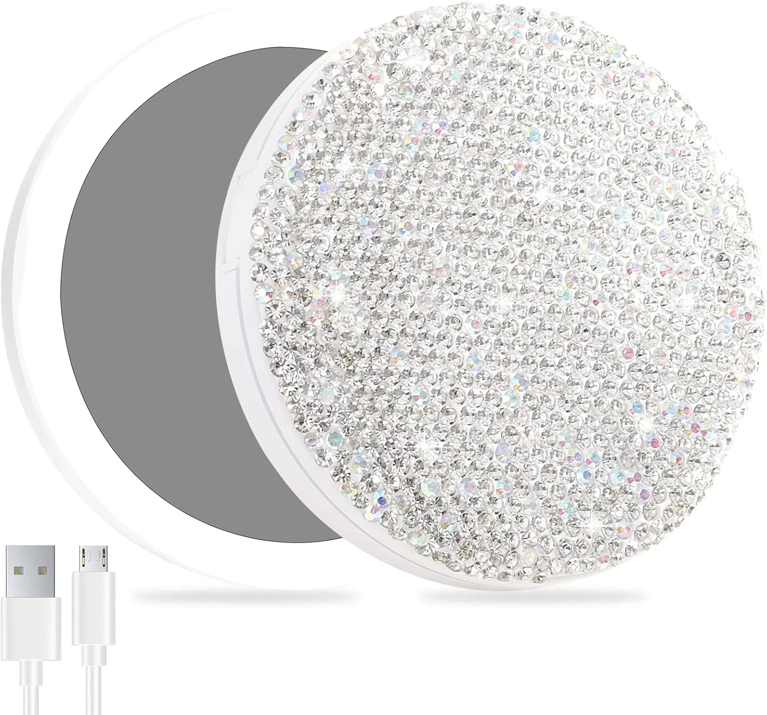 QearFun Luxurious Rhinestone LED Lighted Compact Mirror,Bling Portable Travel Makeup Mirrors,3.5 inch Rechargeable Mini Magnifying Pockets Mirror,Sparkly Beauty for Women,Wedding Favors for Guests