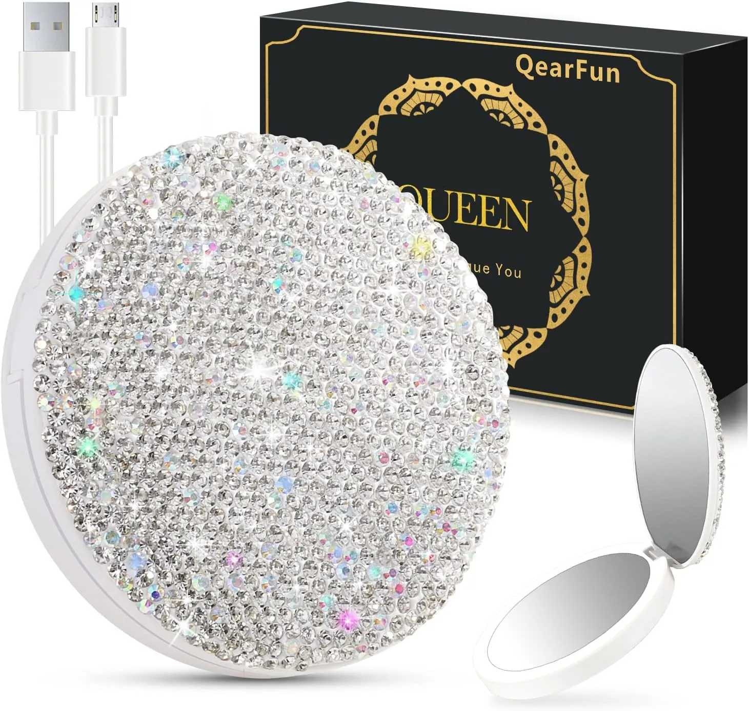 QearFun Luxurious Rhinestone LED Lighted Compact Mirror,Bling Portable Travel Makeup Mirrors,3.5 inch Rechargeable Mini Magnifying Pockets Mirror,Sparkly Beauty for Women,Wedding Favors for Guests