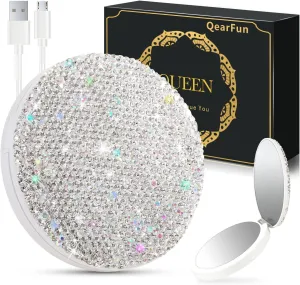 QearFun Luxurious Rhinestone LED Lighted Compact Mirror,Bling Portable Travel Makeup Mirrors,3.5 inch Rechargeable Mini Magnifying Pockets Mirror,Sparkly Beauty for Women,Wedding Favors for Guests