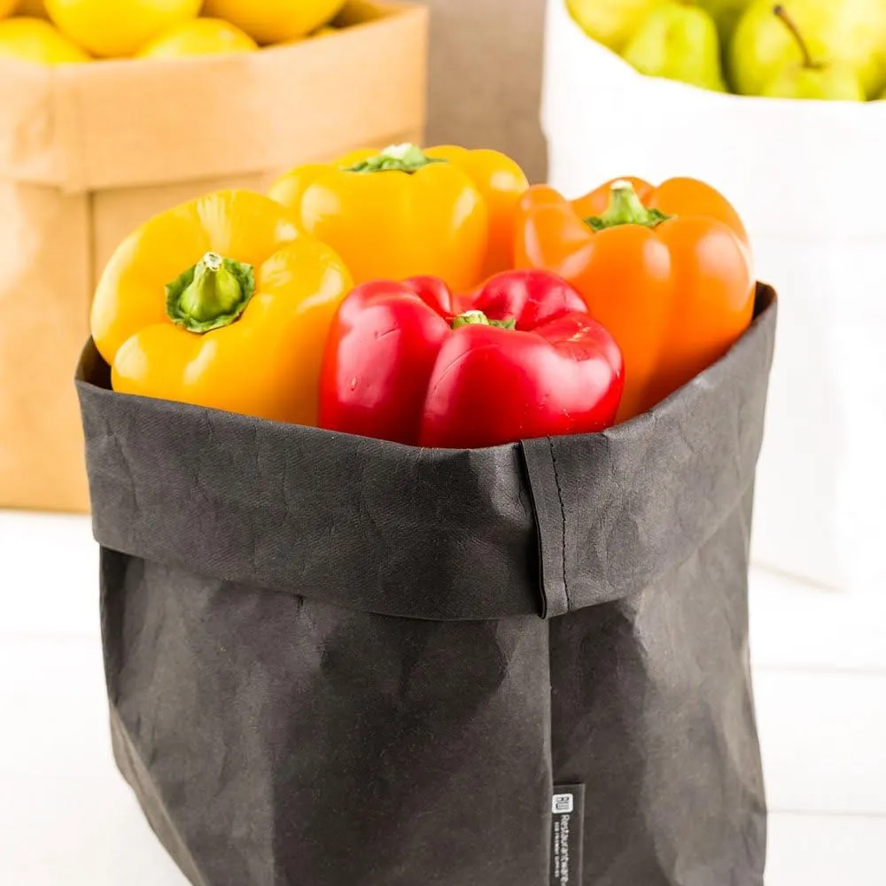 Restaurantware DuraLux 6.3 x 9.8 Inch Washable Grocery Bag 1 Heavy-Duty Paper Bag Flower Pot - Reusable Store Produce Black Paper Sustainable Shopping Bag For Organizing Pantries Or Kitchens